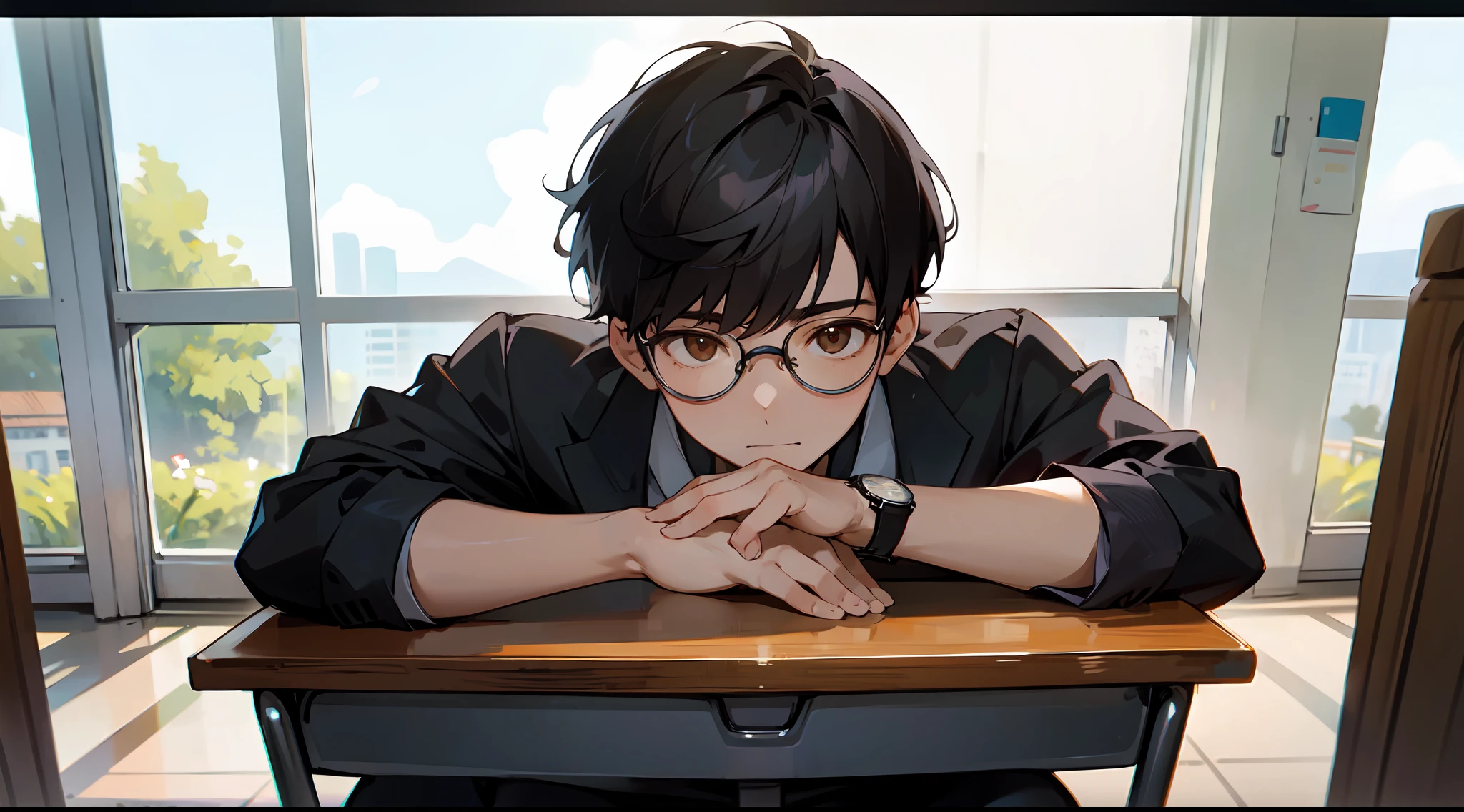 1 boy, wearing school uniform, wearing watch, short black hair, wearing glasses, school, sitting, brown eyes, high res, ultrasharp, 8k, masterpiece