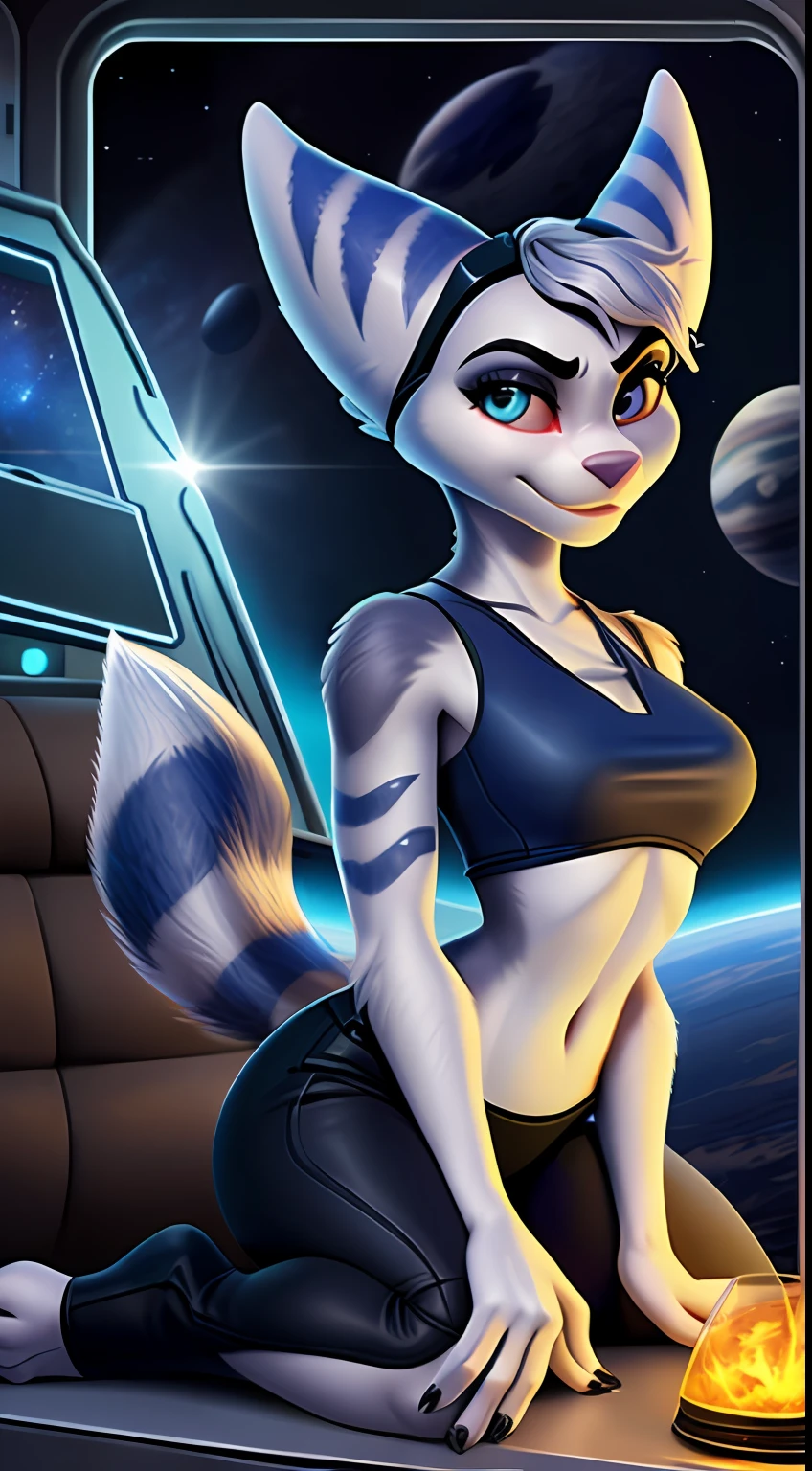 von Personalami, ((Rivet from ratchet and clank)), ((Rivet)), ratchet and clank, weiblich, (detailliert), fotorealistisch, ((klare strukturelle Details)), detaillierter Realismus, (((detailed eyes))), schlank, 4K, excellent quality, hohe Details, (seductive), Zenematische Beleuchtung, ((Schwanz richtige Position)), in a space station, wears a space suit, space suit