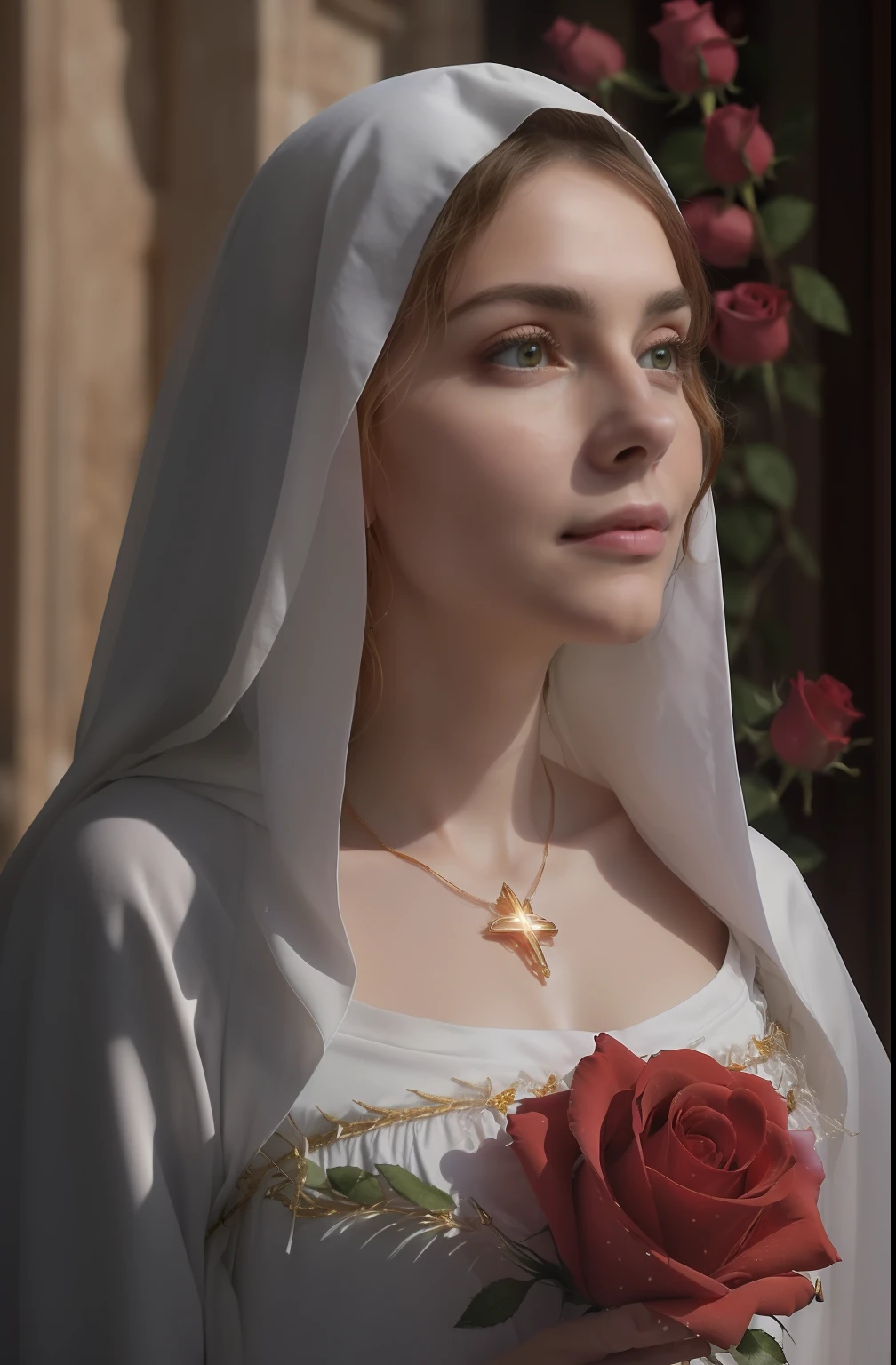 (((Holy VIRGIN MARY MYSTICAL ROSE. 19 years old))) ((( Con una cara seria y piadosa. Con una mirada dulce y tierna))) (obra maestra, calidad superior, mejor calidad, arte oficial, beautiful and aesthetic: 1.2), (1girl), extremadamente detallado, (Arte fractal: 1.3), colorido, highest detailed, Cara perfecta, parte superior del cuerpo, HDR, (orando: 1.3), (golden lines of white coat: 1.2), galaxia, (rayas de luz), eye-catching visuals, (dynamic stripes, senderos luminosos: 1.2), colores vibrantes,