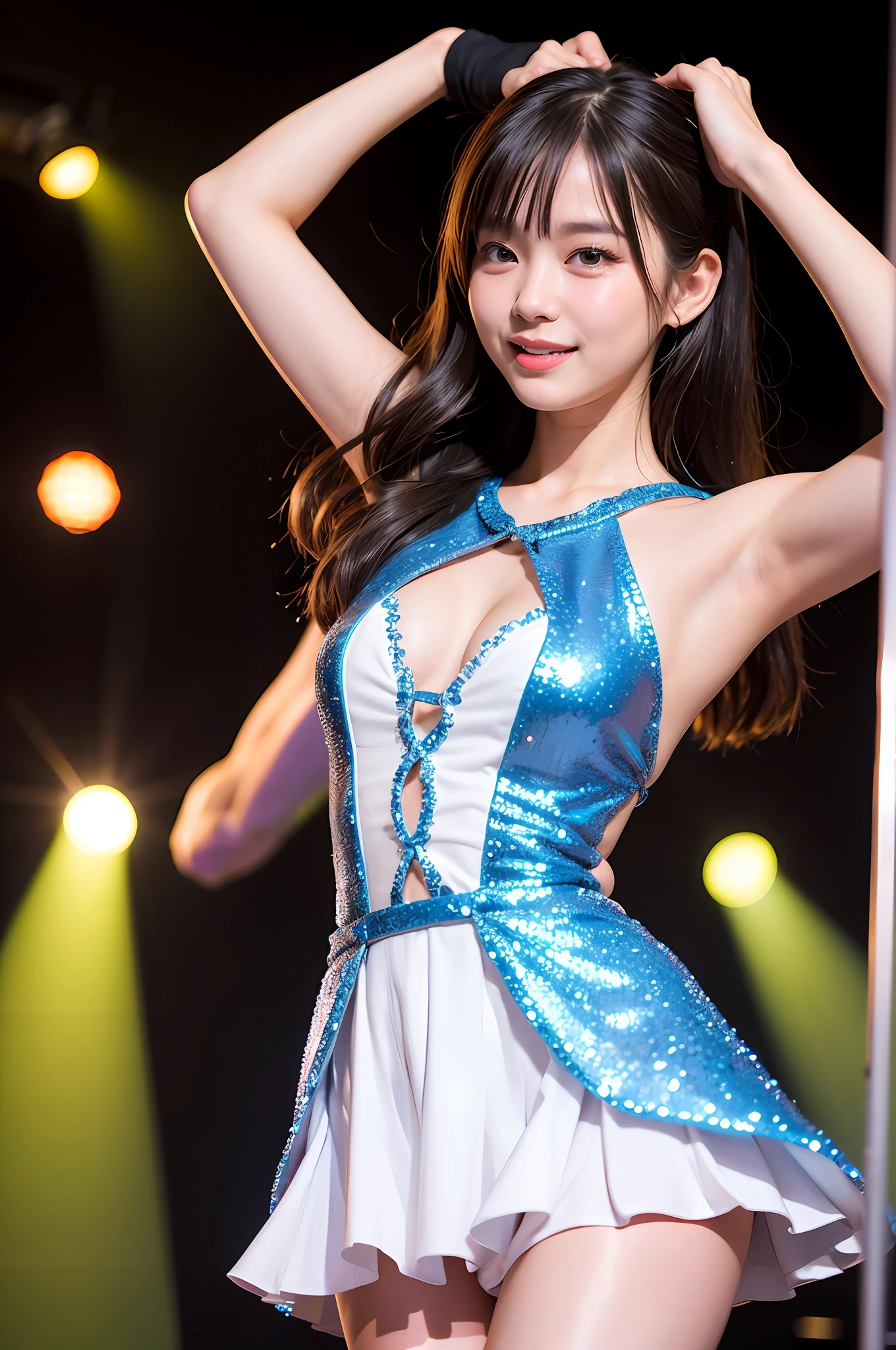 (8K、Raw photography、Photorealsitic:1.25)、1little girl、(18 year old woman with beautiful perfect face、Expressing the joy of dancing with color)、Pose with legs raised high、Line Dance、lipgloss、long lashes、Beautiful expression、shiny bare skin、top-quality、超A high resolution、Stage costumes、Bask in the lights on the stage、a miniskirt、Photograph the whole body、Reduce depth of field