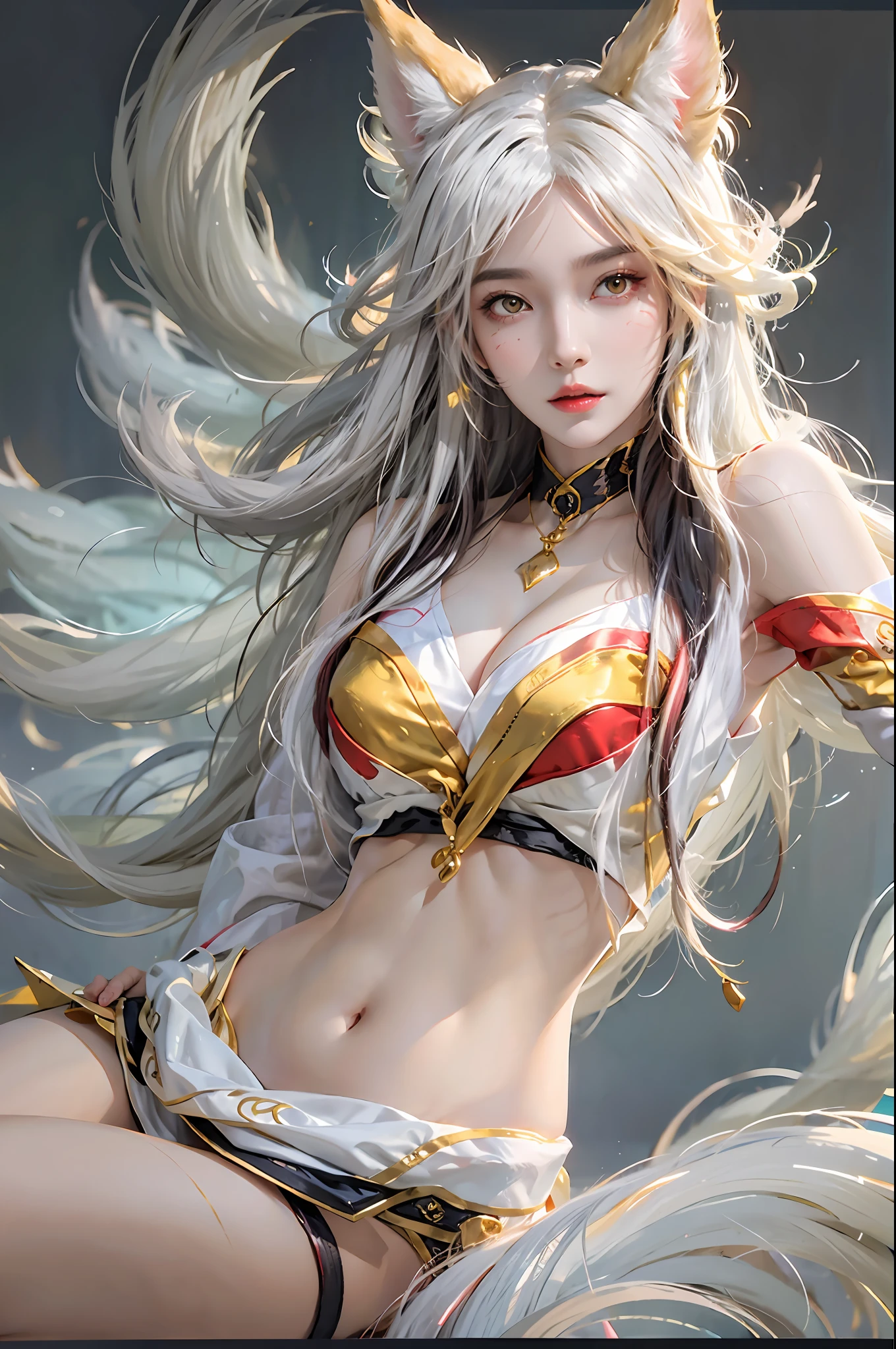 photorealistic, high resolution, 1women, solo, hips up, look at viewer, (detailed face), ahri /league of legends, Ahri_Cosplay
White Tails, long hair, yellow eyes, jewelry