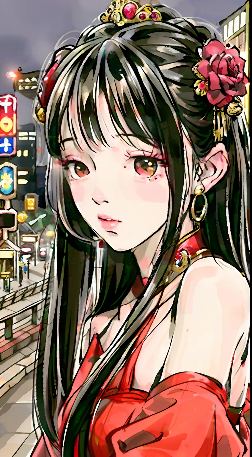 1girll, Tokyo Street,Night, Cityscape,City lights, Upper body,Close-up, 8K, RAW photo, Best quality, Masterpiece,Realistic, photo-realistic,Red rose tiara, Parted bangs, Long hair