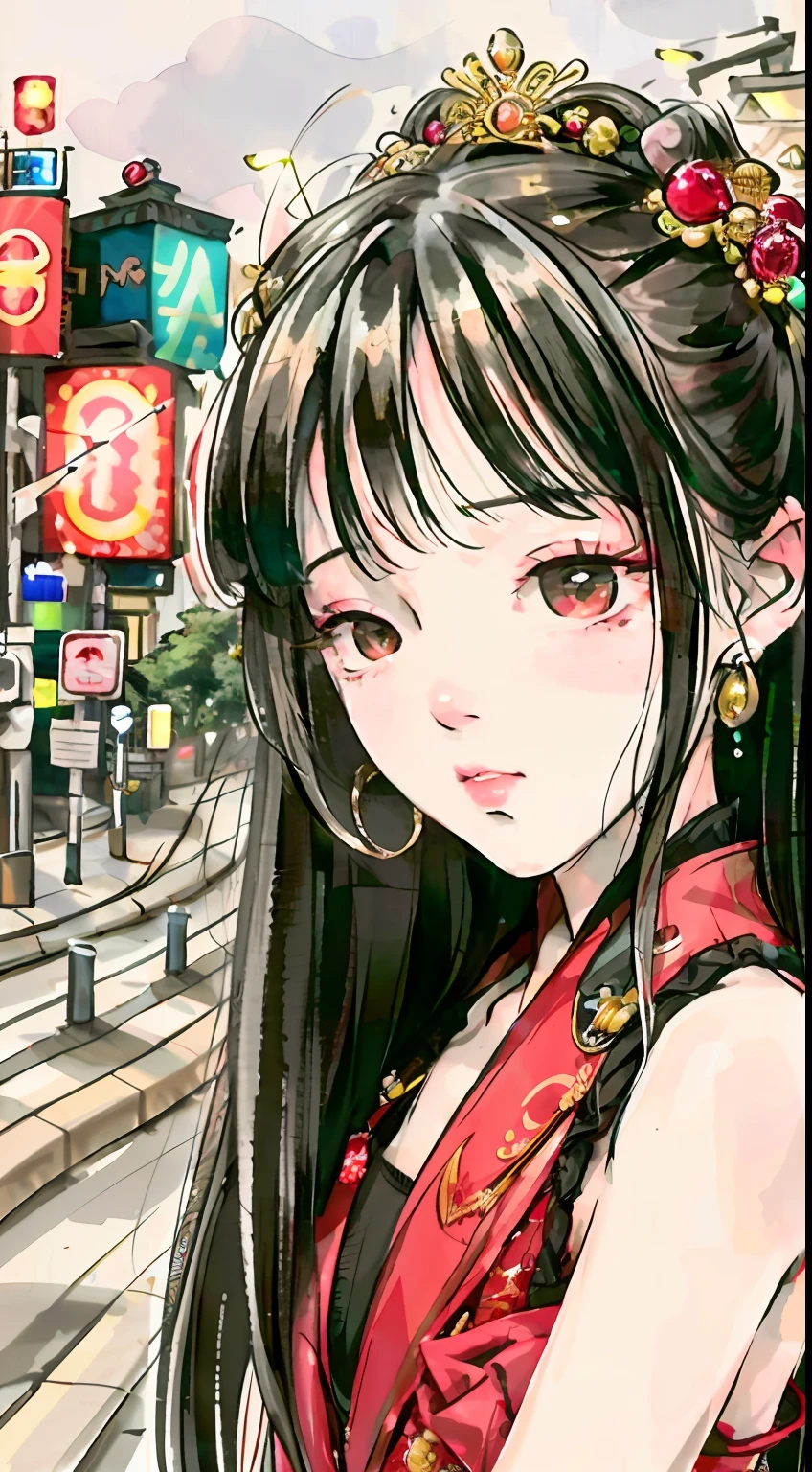1girll, Tokyo Street,Night, Cityscape,City lights, Upper body,Close-up, 8K, RAW photo, Best quality, Masterpiece,Realistic, photo-realistic,Red rose tiara, Parted bangs, Long hair