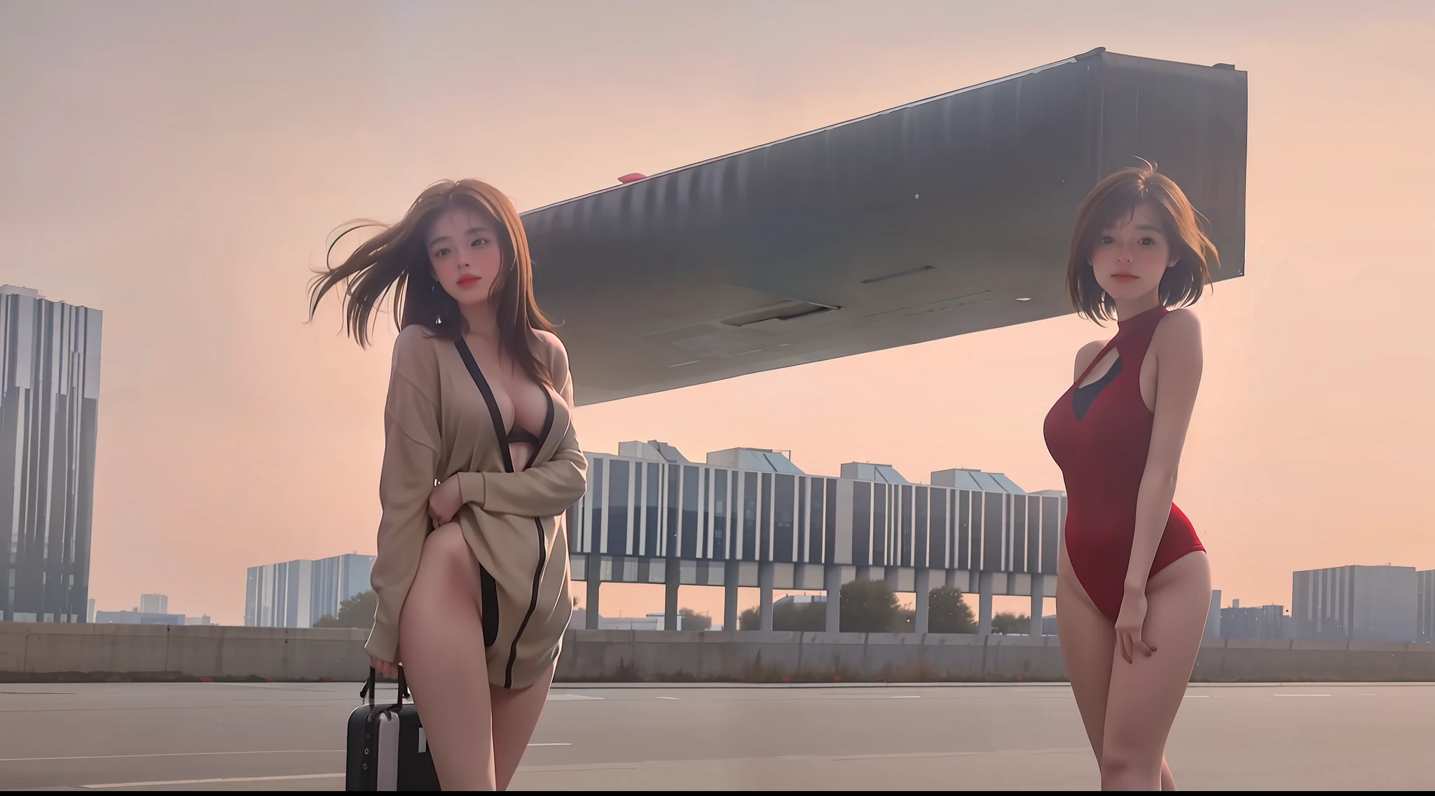15 year old girl,brunette color hair,Outdoor airport,standing on your feet,Spread your legs,nedium breasts,Naked,dewpoint,8K maximum resolution,realisticlying,Slim