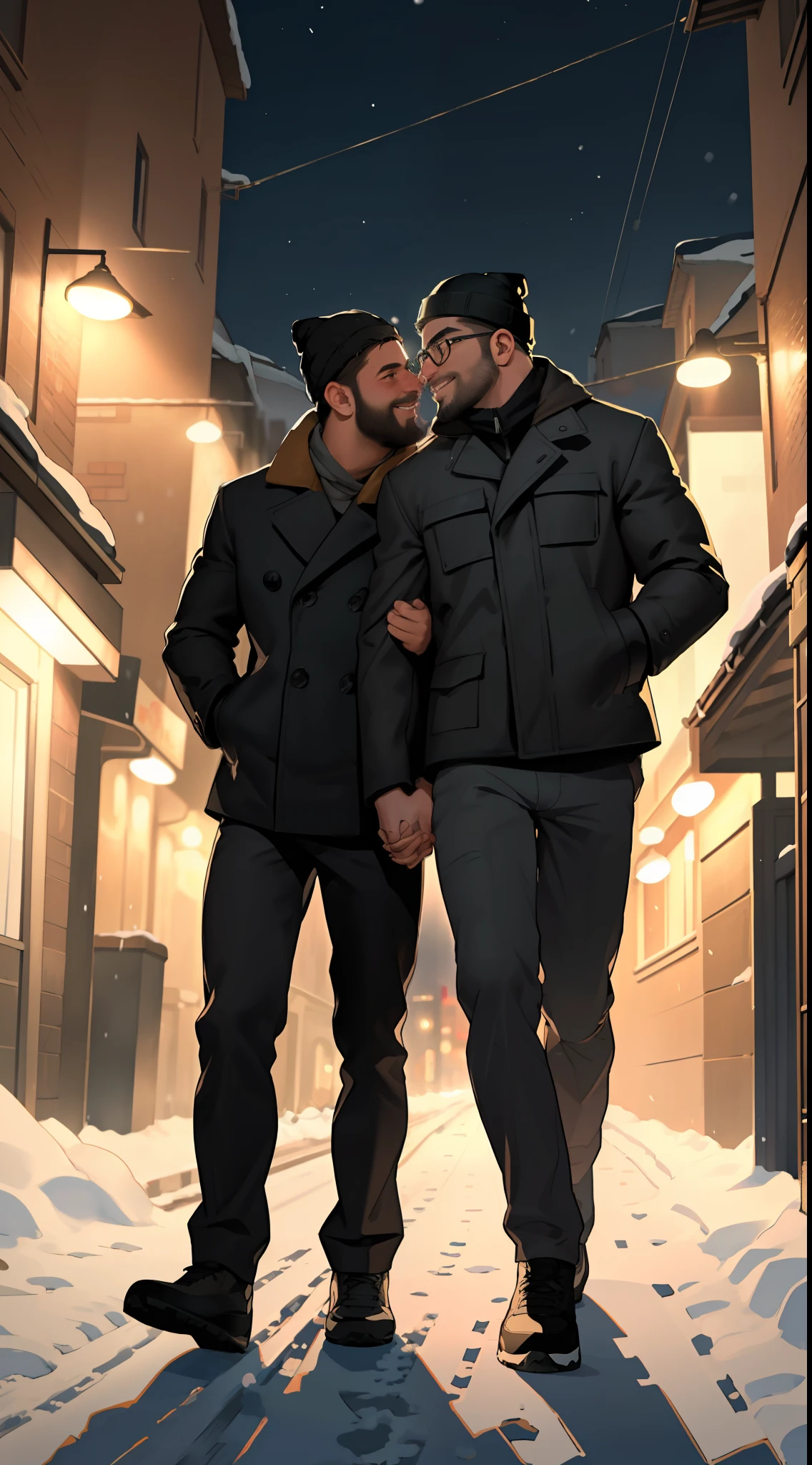 2 men, masterpiece, best quality, highres, close up shot, ultra detailed, ((wide angle)), middle-aged men, daddy, hunk physique, beefy, burly, manly, really tall, black hair, short hair, beard, wearing brown big cold jacket, beanie, walking and kissing and holding each other's hand, cute smile, looking at each other, romantic, one of the man wearing glasses, Winter, outdoors, ultra detailed, detailed face, night time, incredible composition, HDR, volumetric lighting, shadows, aesthetic, snowy street in the background, seen from the front