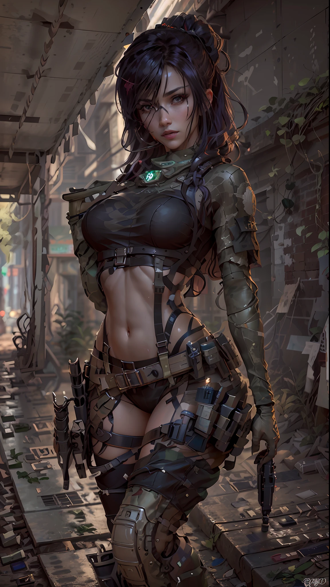 ((Best quality)), ((masterpiece)), (highly detailed:1.3), 3D, beautiful (cyberpunk:1.2) javanese goddess as soldier female with thick voluminous hair wearing (wearing camouflage_uniform:1.1), body armour, cape, bandolier (camouflage:1.3),HDR (High Dynamic Range),Ray Tracing,NVIDIA RTX,Super-Resolution,Unreal 5,Subsurface scattering,PBR Texturing,Post-processing,Anisotropic Filtering,Depth-of-field,Maximum clarity and sharpness,Multi-layered textures,Albedo and Specular maps,Surface shading,Accurate simulation of light-material interaction,Perfect proportions,Octane Render,Two-tone lighting,Wide aperture,Low ISO,White balance,Rule of thirds,8K RAW,Efficient Sub-Pixel,sub-pixel convolution,
