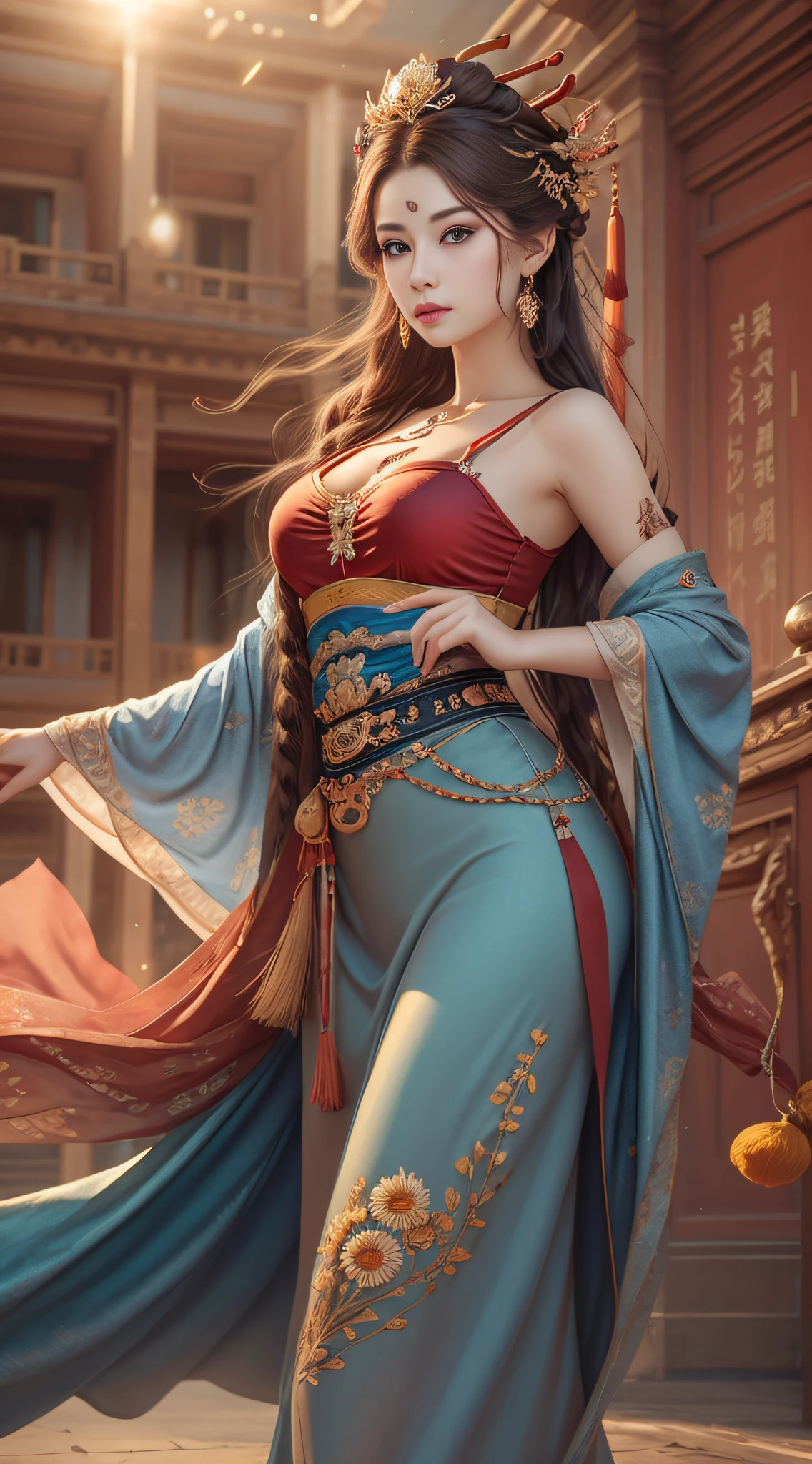 Best Quality, Masterpiece, Ultra-Detailed High Resolution, (Realistic: 1.4), Original Photo, , Illustration, 1 Girl, Handheld Weapon, (Solo Exhibition: 1.2), (Denim Lens: 1.2), (Hair Crown: 1.2), Chinese Dunhuang Traditional Costume, No Straps, (Red Eyeliner: 1.2), (Black Eyes: 1.4), Earrings, Dynamic Angle, Opera House, messy_long_hair, Ink, Movie Lights, lens_flare, Velvet, Chrysanthemum, Tassels, Ribbon, colorful embroidery, upper body, facing the camera, dynamic pose, large chest, embroidered cloth shoes