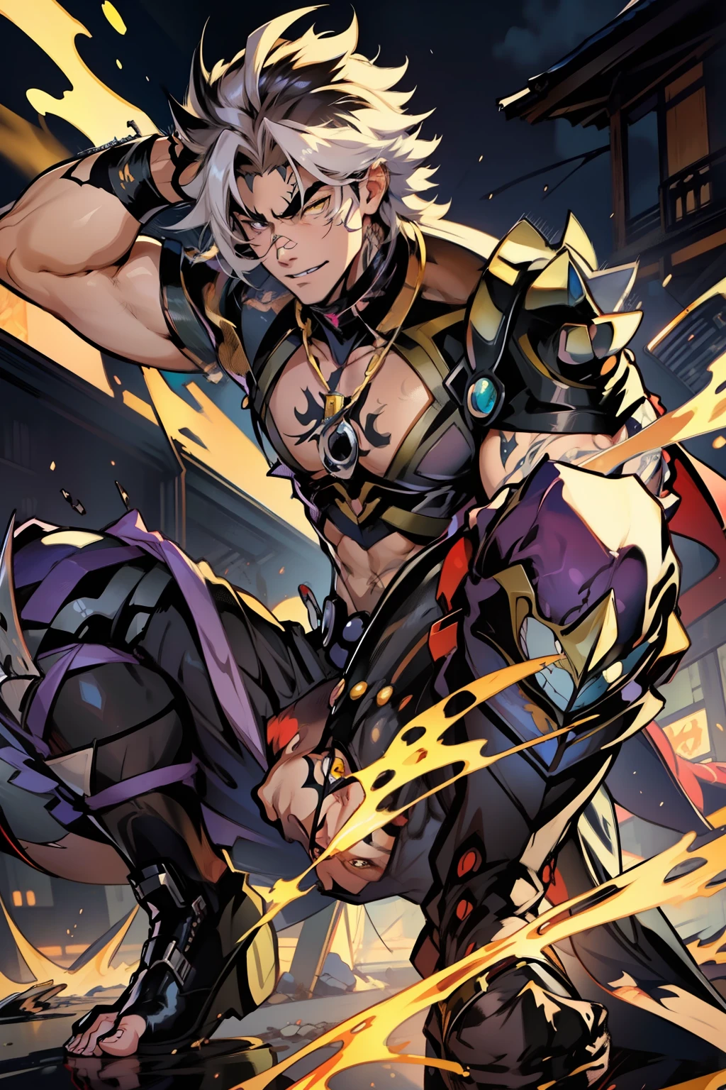 《the original god》Arataki Kazuto , male people,,((Masterpiece)), ((Best quality)), Ultra detailed,((illustration)), Dynamic Angle, Detailed light, (Delicate eyes), Floating, 1boy, Male focus, Head, Clothing, Yellow eyes, necklace, tattoo, (Forehead:0.8), (ahoge:0.8), jewelry, apathy,Ray, chest muscle, Sexy , Venom symbiote for your body, Black mucus of the body , (into venom), Venom,frontage,style of anime4 K, 4K anime wallpaper, Badass anime 8 K, 4 k comic wallpaper, young anime man, Anime boys, Anime wallpapers 4 k, Anime wallpaper 4K, High quality anime art style, Anime moe art style, Anime art wallpaper 8 K, Anime art wallpaper 4 K, RGB lighting