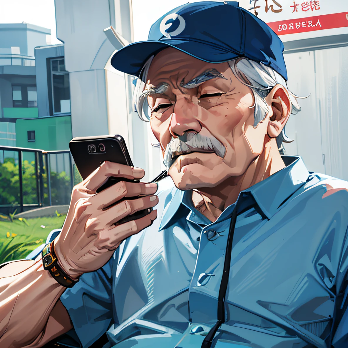 Old man with closed eyes，quadratic element，Clench brows，Anime grandpa with a blue hat，