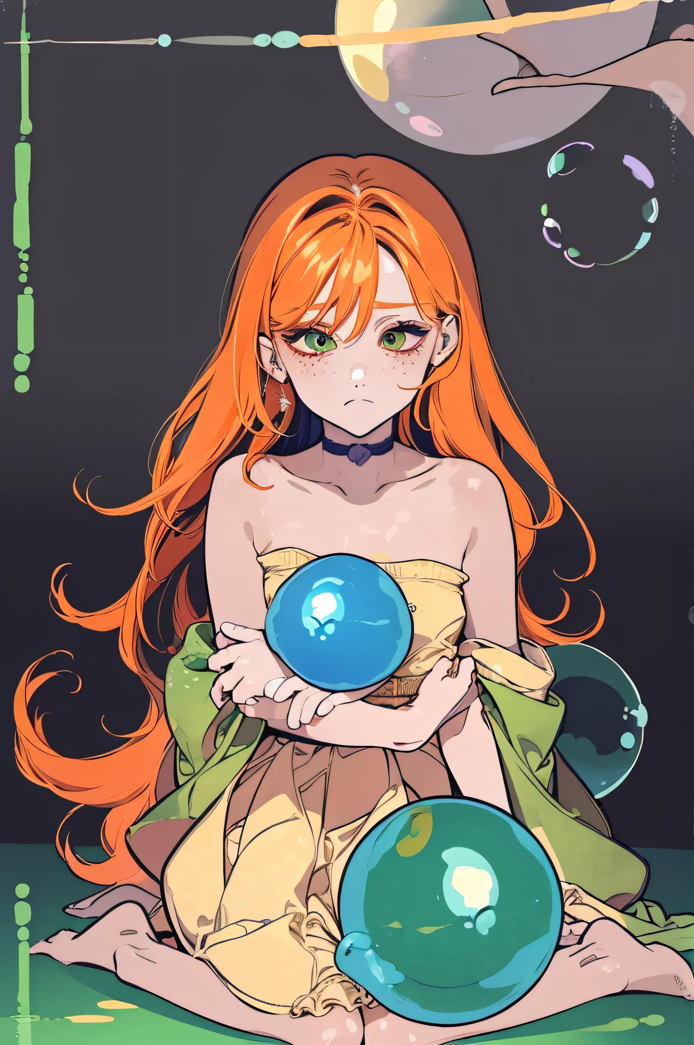 ((Masterpiece)), ((Ultra Detailed)), ((Best Quality)), Beautiful Detailed Eyes, Detailed Face, Best Lighting, Best Shadows, 1 Front Bust Girl, Solo, ((Classic Disney Style, Edge Lighting, Flat 2D Style, Disney 2D)), ((The main colors are orange and green)), Huge Bubbles, (Girl Inside Bubbles:1.5), Bubble Island, Bubble Land, World Made of Bubbles, Freckles, Cold Nose, ((((Bubbles)), Marbles, Japanese Inspiration, (highly detailed), vortex effect, A3,