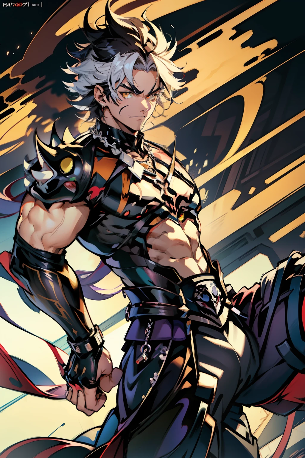 《the original god》Arataki Kazuto , male people,,((Masterpiece)), ((Best quality)), Ultra detailed,((illustration)), Dynamic Angle, Detailed light, (Delicate eyes), Floating, 1boy, Male focus, Head, Clothing, Yellow eyes, necklace, tattoo, (Forehead:0.8), (ahoge:0.8), jewelry, apathy,Ray, chest muscle, Sexy , Venom symbiote for your body, Black mucus of the body , (into venom), Venom,frontage,style of anime4 K, 4K anime wallpaper, Badass anime 8 K, 4 k comic wallpaper, young anime man, Anime boys, Anime wallpapers 4 k, Anime wallpaper 4K, High quality anime art style, Anime moe art style, Anime art wallpaper 8 K, Anime art wallpaper 4 K, RGB lighting