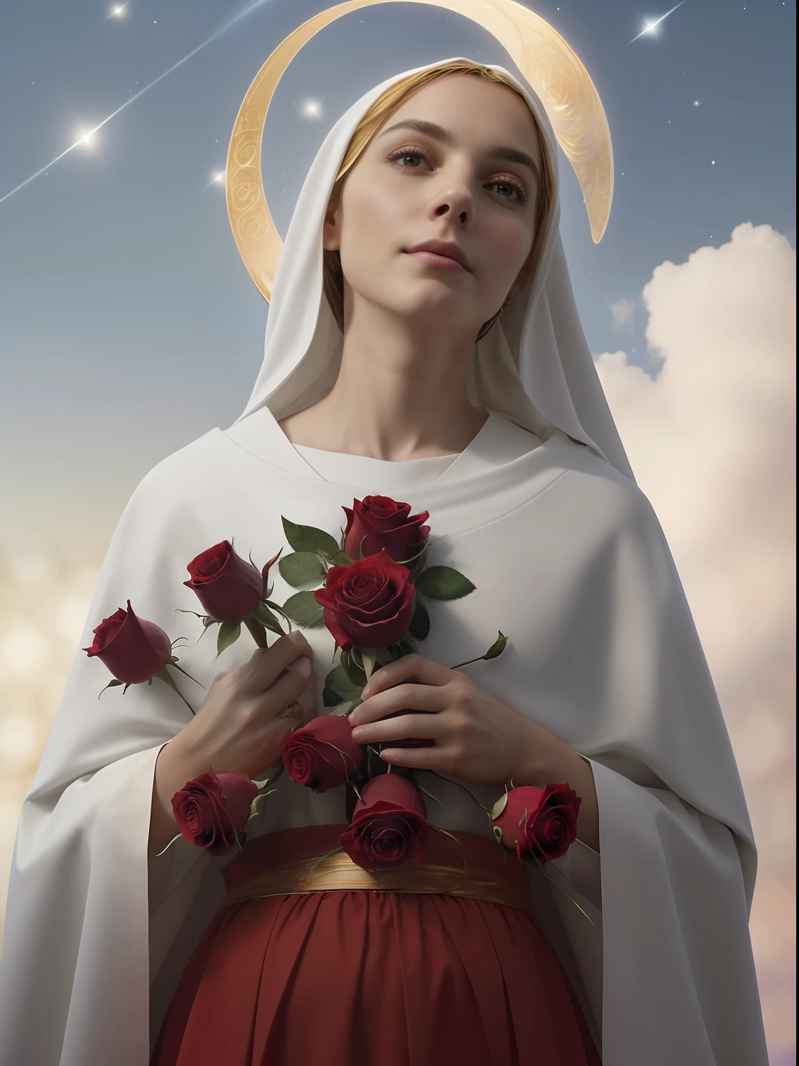 (((Holy VIRGIN MARY MYSTICAL ROSE. 19 years old))) ((( Con una cara seria y piadosa. Con una mirada dulce y tierna))) (obra maestra, calidad superior, mejor calidad, arte oficial, beautiful and aesthetic: 1.2), (1girl), extremadamente detallado, (Arte fractal: 1.3), colorido, highest detailed, Cara perfecta, parte superior del cuerpo, HDR, (orando: 1.3), (golden lines of white coat: 1.2), galaxia, (rayas de luz), eye-catching visuals, (dynamic stripes, senderos luminosos: 1.2), colores vibrantes,