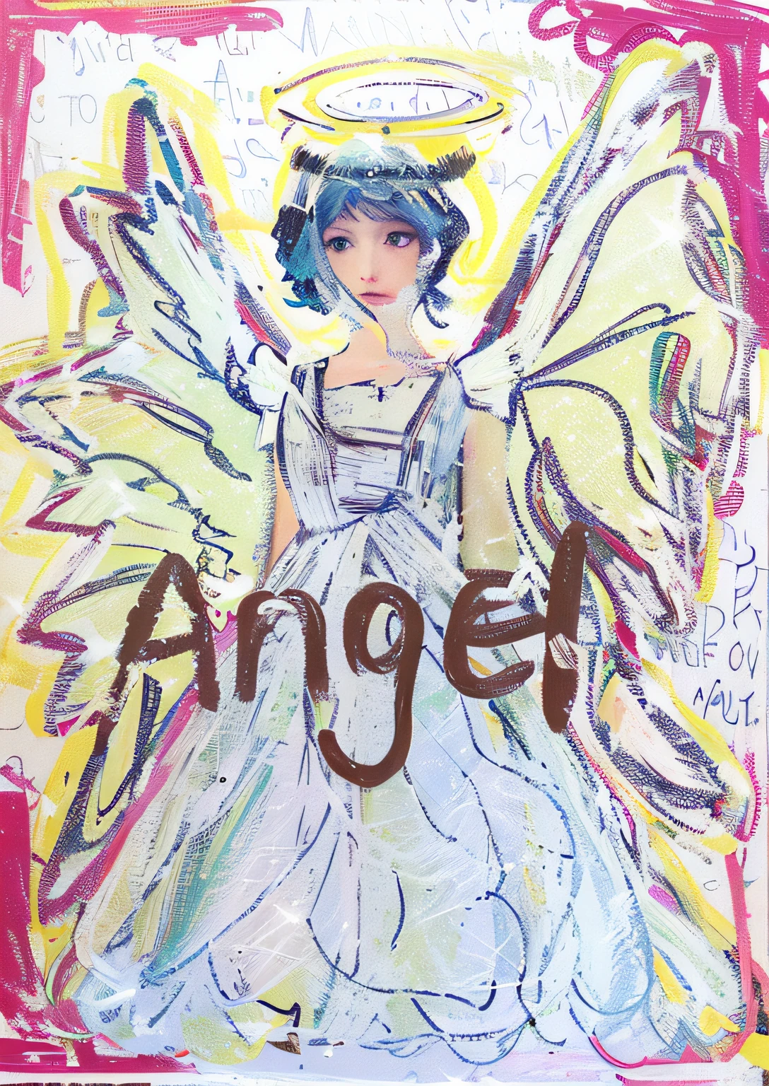 A little angel with a halo is drawn,The name is written in brown, angel girl, angelicales, angel, inspired by Marie Angel, winged girl angel, An angel, Inspired by Angel Botlow, Girl with angel wings, angel themed, full of paintings of angels, inspired by Ted DeGrazia, author:Mary Angel, angel with black wings