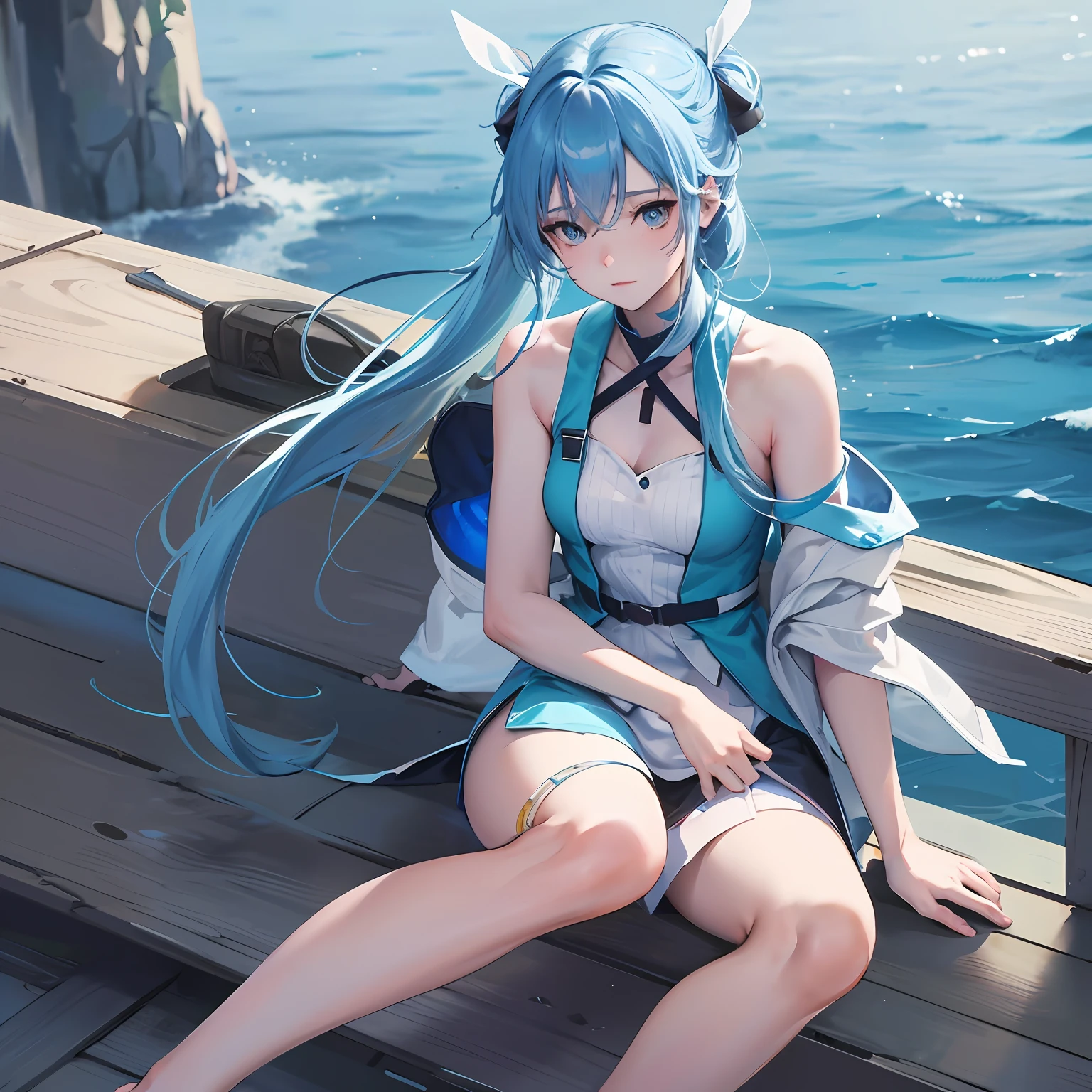 one-girl, Wearing a light blue vest, eBlue eyes, Thin leg, naked leg, Barefoot, Sit on the rooftop, Below is the sea, Water and sky, clouds, Gradient hair, Very long hair, hair flaps, blue hair ribbon, Chiaroscuro, Cinematic lighting, hyper HD, ccurate, ccurate, Best quality, High details,Sunlight, Actual rendering, screen space reflextions, water Reflections , Subsurface scattering, Edge lighting