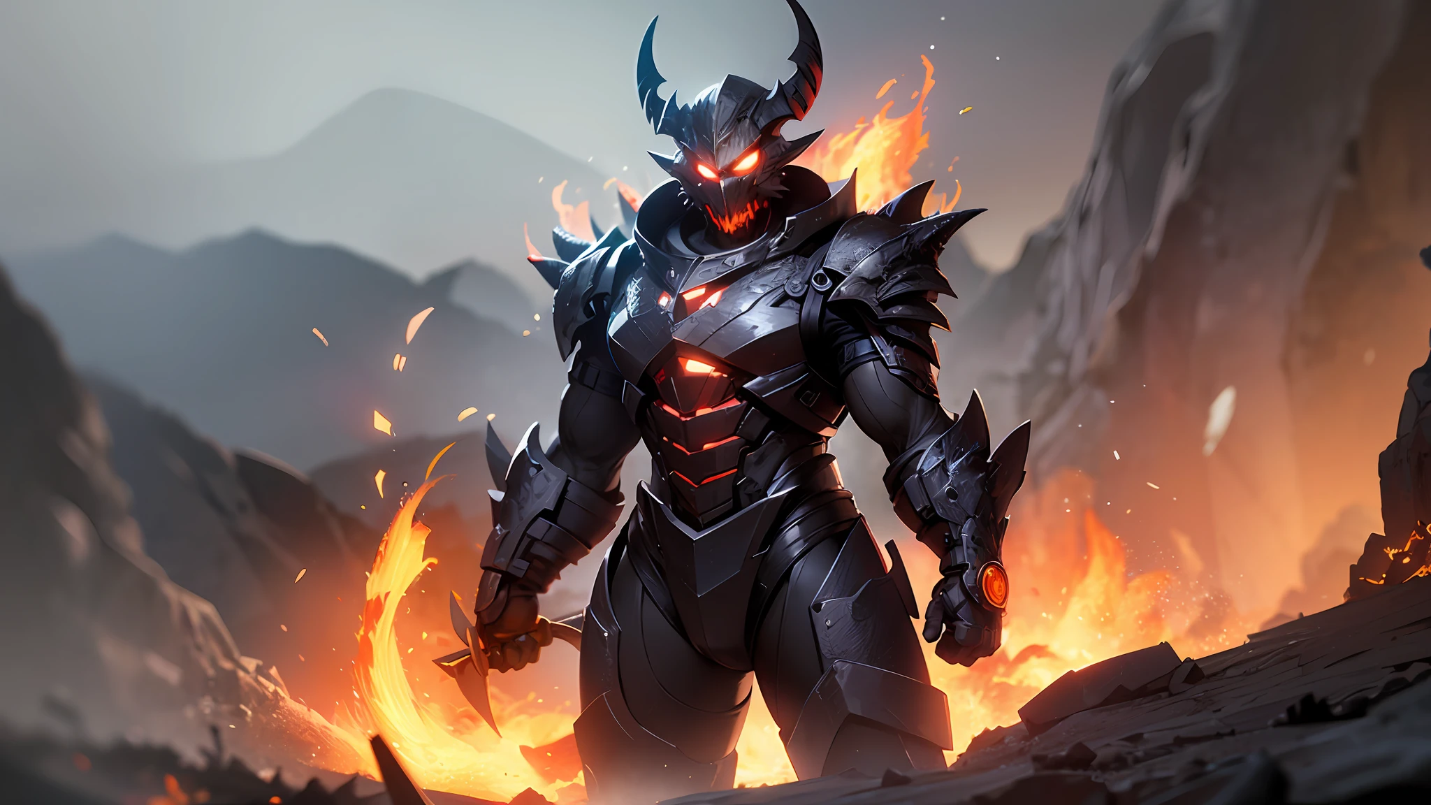 ((Best quality)), ((masterpiece)), (highly detailed:1.3) Demon standing in the fog with glowing eyes, rocky background with lava and fire, depth of field, Octane Render,Two-tone lighting,Low ISO,White balance,Rule of thirds,Wide aperature,8K RAW,Efficient Sub-Pixel,sub-pixel convolution,luminescent particles,light scattering,Tyndall effect --auto --s2