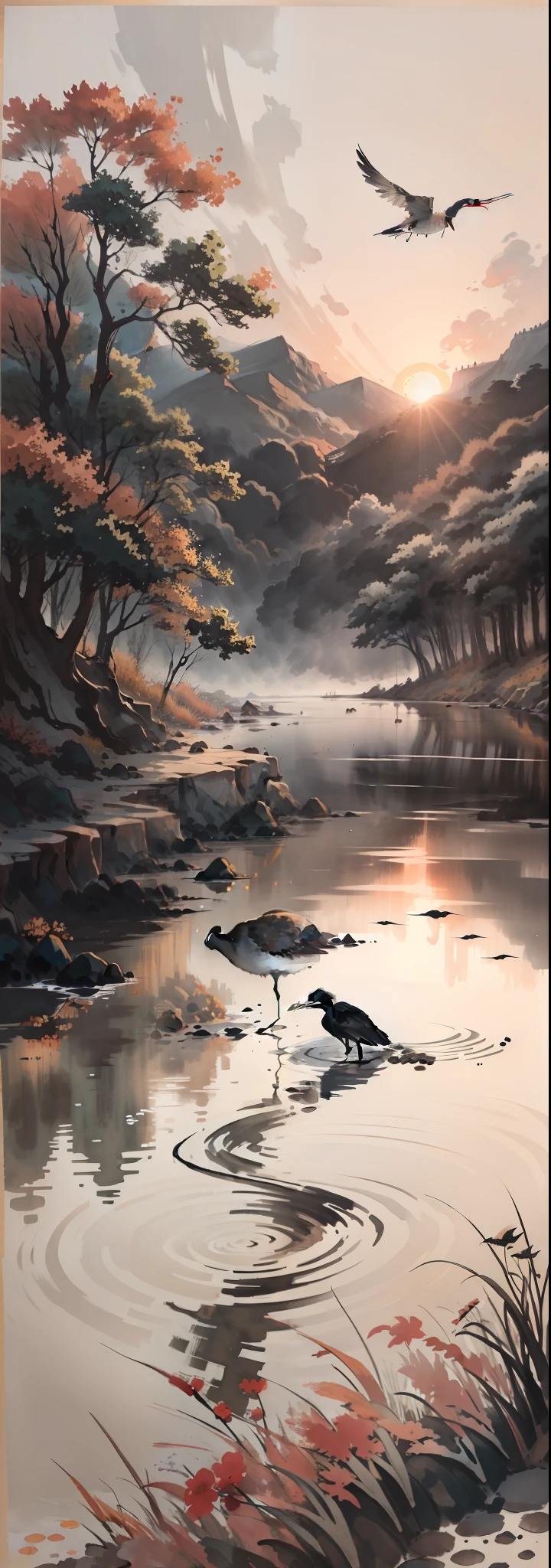 ink and watercolor painting,ink,water ink,(black, White and gray:1.5),The sunset and the solitary crane fly together,The autumn water is the same for a long time,The beauty of ancient poetry,the setting sun,Wild geese in the sky in the distance,Ancient buildings are scattered,Works of masters,super-fine,high qulity,8K分辨率