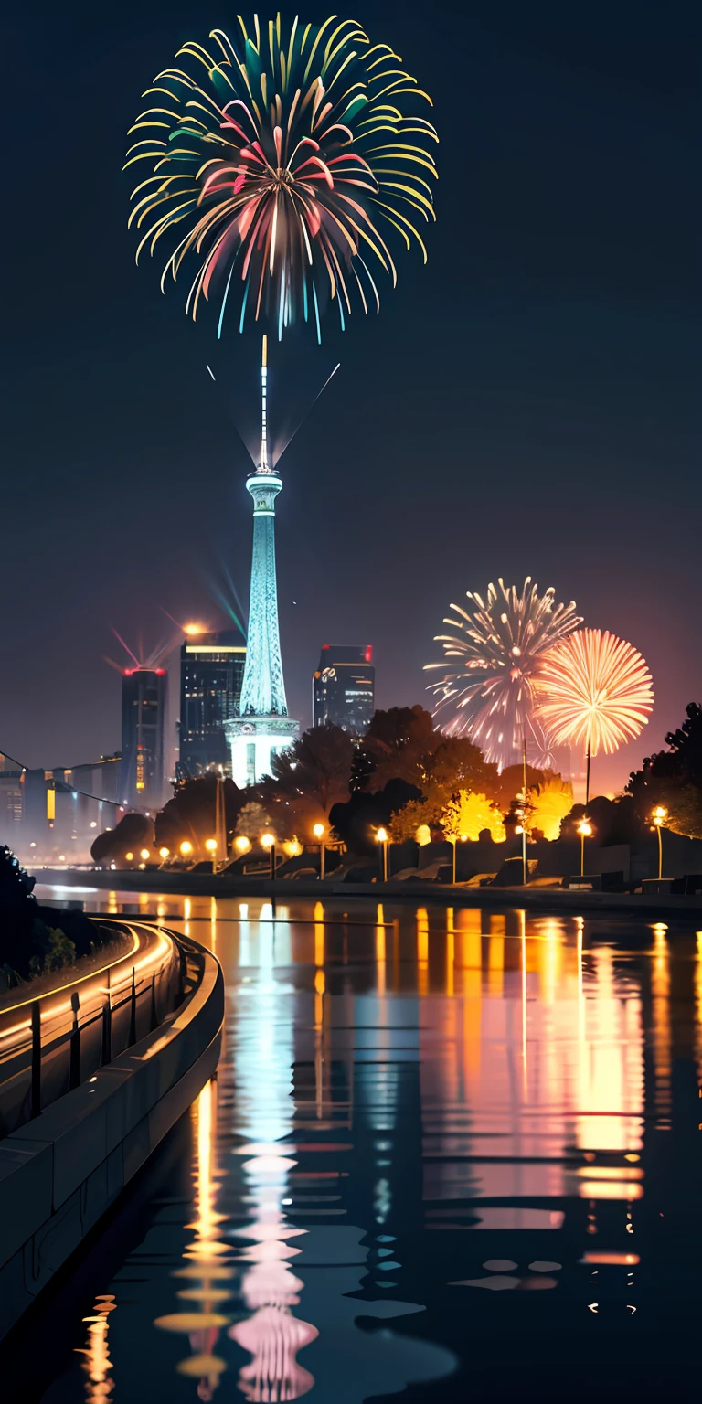 An awe-inspiring night view of a city, with its intricate architecture and shimmering lights. Above this urban marvel, fireworks of unparalleled beauty explode, creating patterns and colors that seem almost otherworldly. The entire scene is mirrored in a calm river below, doubling the spectacle. Medium: Photography. Style: Ultra-detailed, emphasizing the intricate designs of the city's structures and the ethereal beauty of the fireworks. Lighting: A mix of the city's artificial illumination and the natural luminescence from the fireworks. Colors: Rich and varied, from the golden yellows and whites of the city lights to the reds, blues, and greens of the fireworks. Composition: Nikon Z7 II Mirrorless camera, Nikkor Z 70-200mm f/2.8 VR S lens, Resolution 45.7 megapixels, ISO sensitivity: 640, Shutter speed 1/80 second, a wide-angle shot that encompasses the city, the sky, and the reflecting water. --ar 16:9 --v 5.1 --style raw --q 2 --s 750