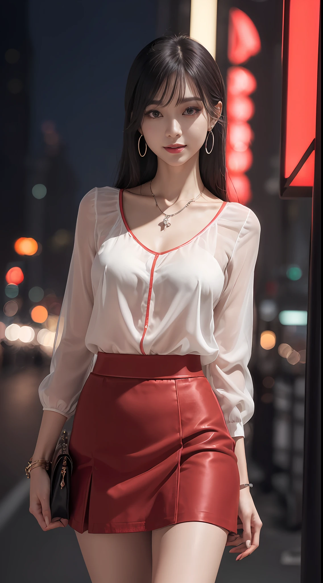 8k, masterpiece, RAW photo, best quality, photorealistic, extremely detailed CG unity 8k wallpaper, Depth of field, Cinematic Light, Lens Flare, Ray tracing, (extremely beautiful face, beautiful lips, beautiful eyes), intricate detail face, ((ultra detailed skin)) 1girl, in the dark, deep shadow, pretty korean girl, kpop idol,(very slim slender fit-muscled body:1.3), ((looking at viewer)),(big smile:1.3), (night, (neon sign), (blurry background), midnight, (without people in the background:1.3), pretty korean girl, white diamond earrings, bracelets, necklace, pantyhose, clear eyes, walking , front shot, (pale skin), face forward, (big eyes), full body shot, (see through blouse), (pink color blouse), ((red color skirt :1.3)), (looking at viewer:1.3), very slim, medium breasts, Hermes bag