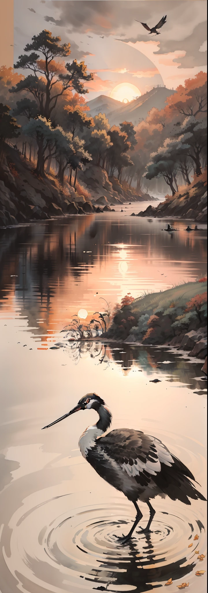 ink and watercolor painting,ink,water ink,(black, White and gray:1.5),The sunset and the solitary crane fly together,The autumn water is the same for a long time,The beauty of ancient poetry,the setting sun,Wild geese in the sky in the distance,Ancient buildings are scattered,Works of masters,super-fine,high qulity,8K分辨率