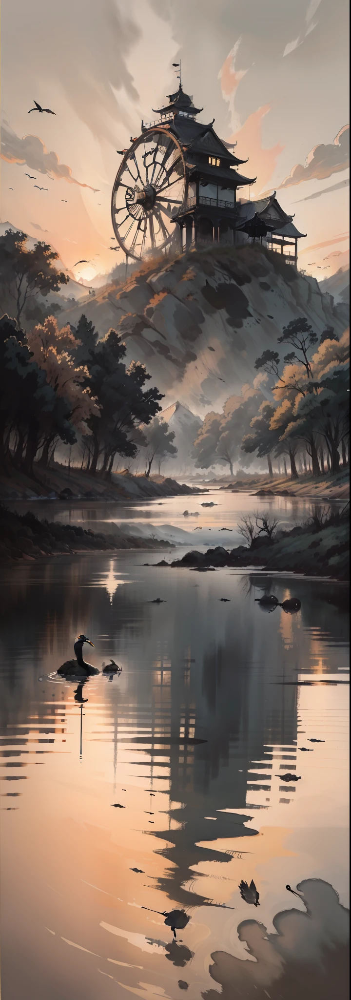 ink and watercolor painting,ink,water ink,(black, White and gray:1.5),The sunset and the solitary crane fly together,The autumn water is the same for a long time,The beauty of ancient poetry,the setting sun,Wild geese in the sky in the distance,Ancient buildings are scattered,Works of masters,super-fine,high qulity,8K分辨率