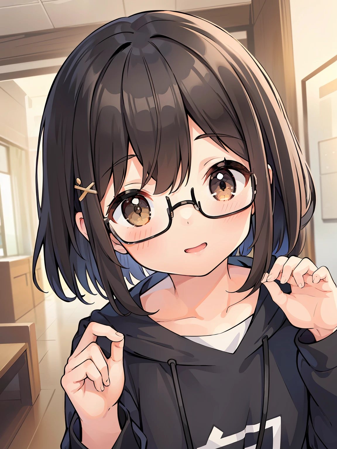 (girl with、a 、A dark-haired、short-hair、straight haired、Light brown eyes、hair adornments、wearing black glasses、cute face)、masterpiece、best qualtiy、shores、Baggy clothes