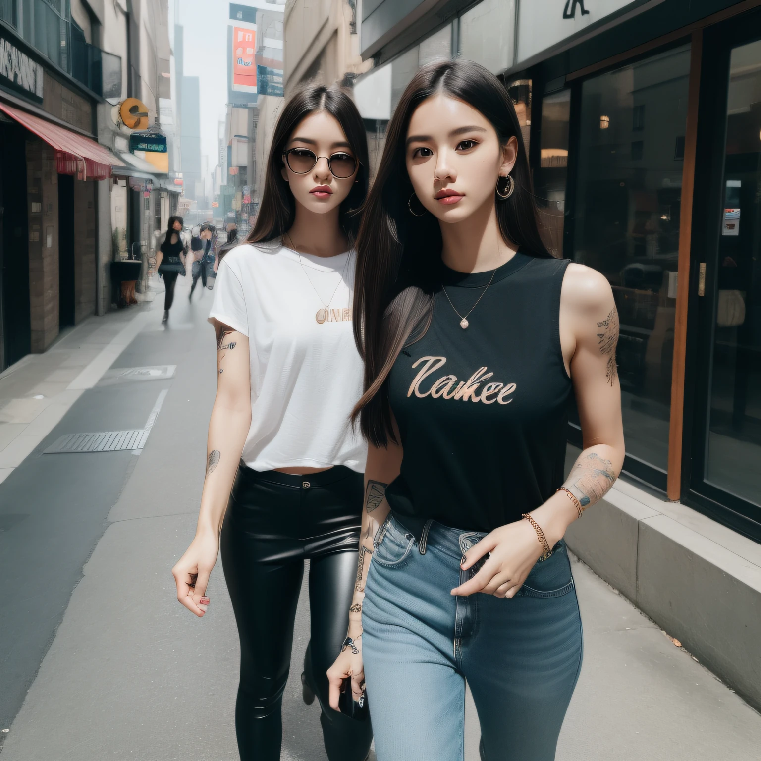 best quality, masterpiece, highres, 1girl, Beautiful face, photorealistic, 8k, UHD, long hair, arm tattoos, tattooed, muscular, Asian, female, dark skin, wearing smart casual clothes, busy city street, (high detailed skin:1.2), 8k uhd, dslr, high quality, candid, Photograph, high resolution, 4k, 8k, alone, one girl, she is wearing smart casual clothes, woman in smart casual wear, walking, walking down the street