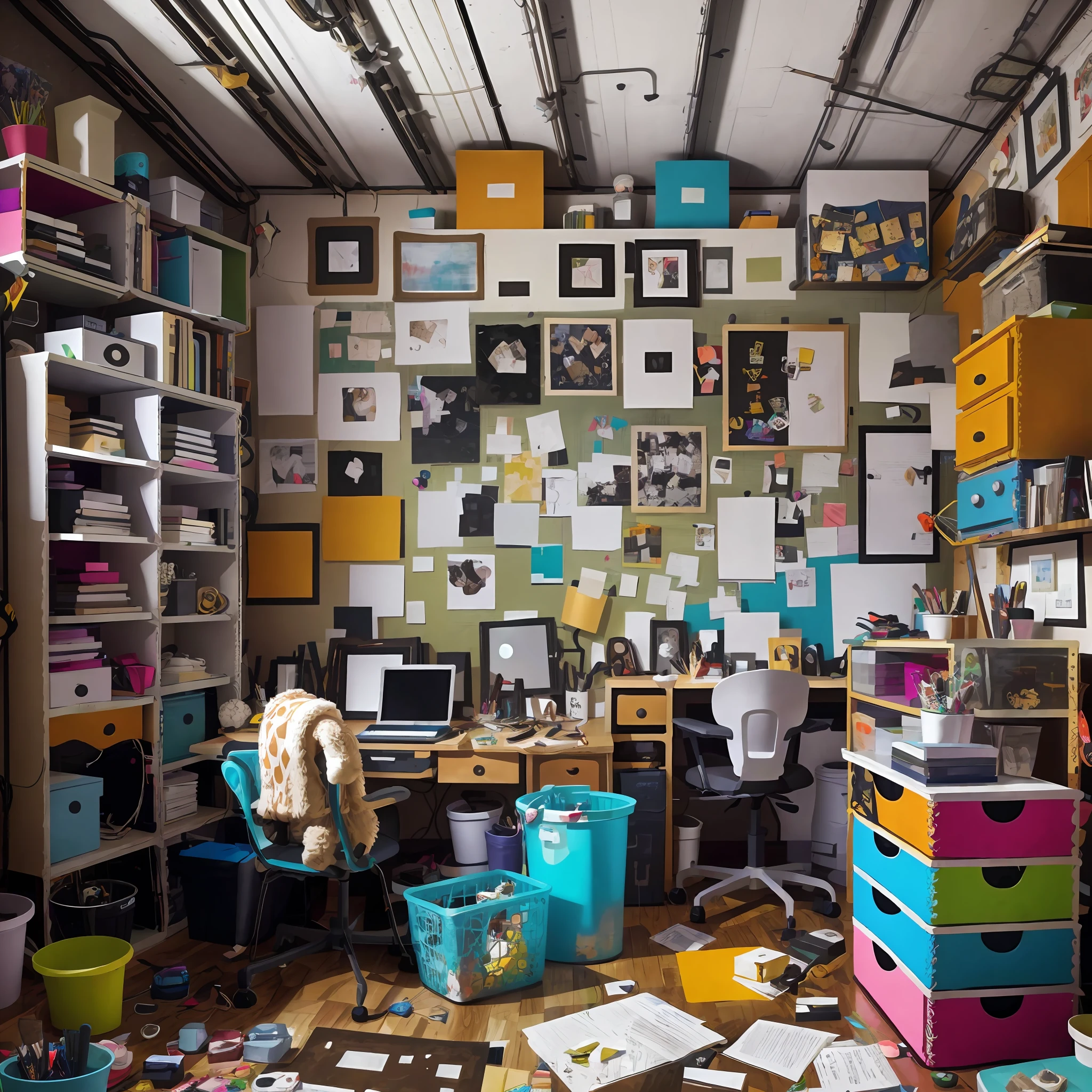 there is a room with a desk and a chair in it, cluttered room, cluttered, messy maximalist interior, inside a cluttered art studio, inside a messy room, messy room, inside a grand messy studio, apartment of an art student, in her art room, busy room, extreme clutter, clutter, inside a cluttered bedroom