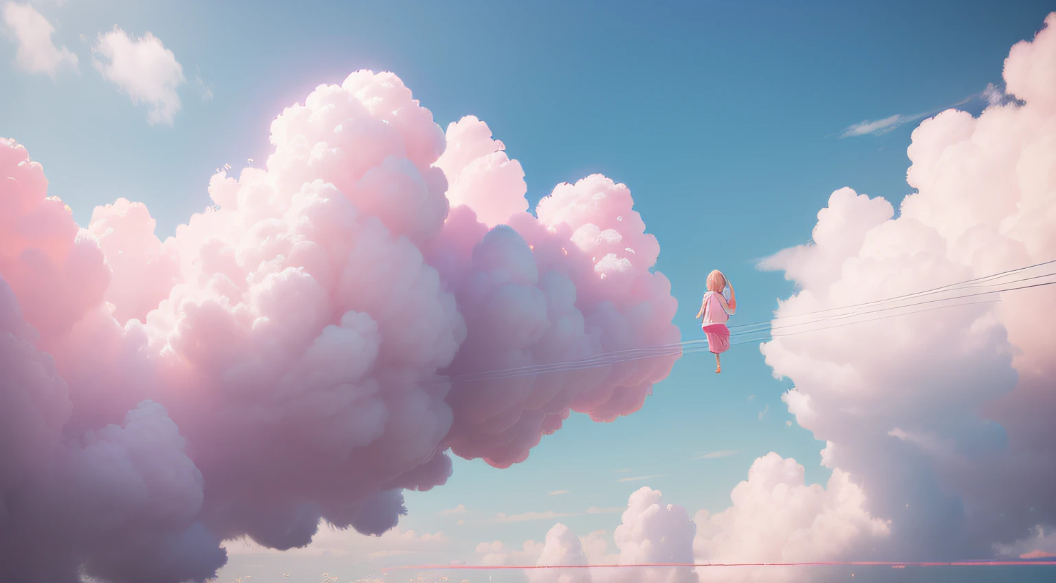 Pink unreal background，There were white clouds in the air，Future circumstances，fantasy，Rambled，look for，Quiet，Extend the enjoyment of tourism，octaneratingrendering，Don't be characterized，Don't be mechanical，Minimalist and pure，Multiple pink cotton half-hung in the air