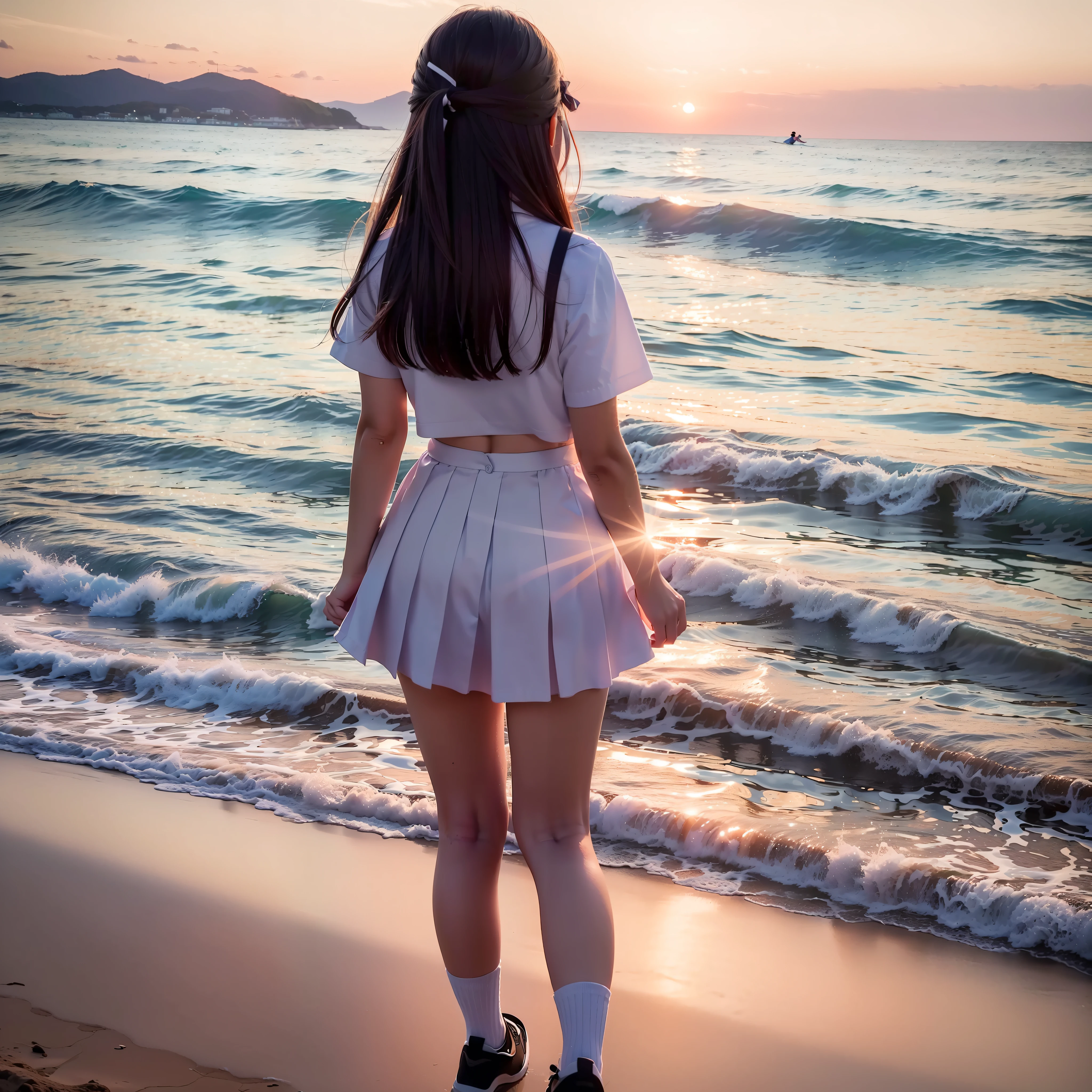 (8K、Raw photography、top-quality、masterpiece:1.2)、ultra-detailliert、Live-action girl、Beautiful sunset seascape、Rear view of girl jumping towards the sea in Japan realistic high school girl uniform、White realistic Japan schoolgirl blouse、Japan realistic schoolgirl uniform short skirt、Raw video、