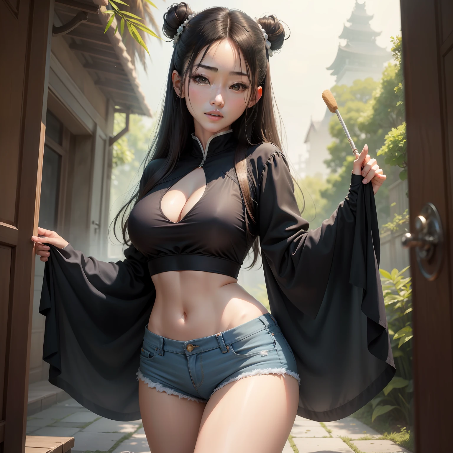 top-quality,16k,tmasterpiece:1.3)),Liu Yifei,30-year-old Asian woman,Beautiful Women in Perfect Shape:1.3,((Black color hair)),((Beautiful udder:1.3)),(Showers,hazy water)),(Transparent underwear and bristles))),(Bedrooms)),((suspending)),((Raised sexy)),((Stand sideways and look down at the camera,Embodies the half-wrapped buttocks)),(Moist bamboo shoot-shaped breasts)),(Drenched Body)))),(Soaked))),(Soaked))),Transparent openwork underwear bites,,Hair covered beautifully(Ultra-thin fitted ultra-short denim shorts)