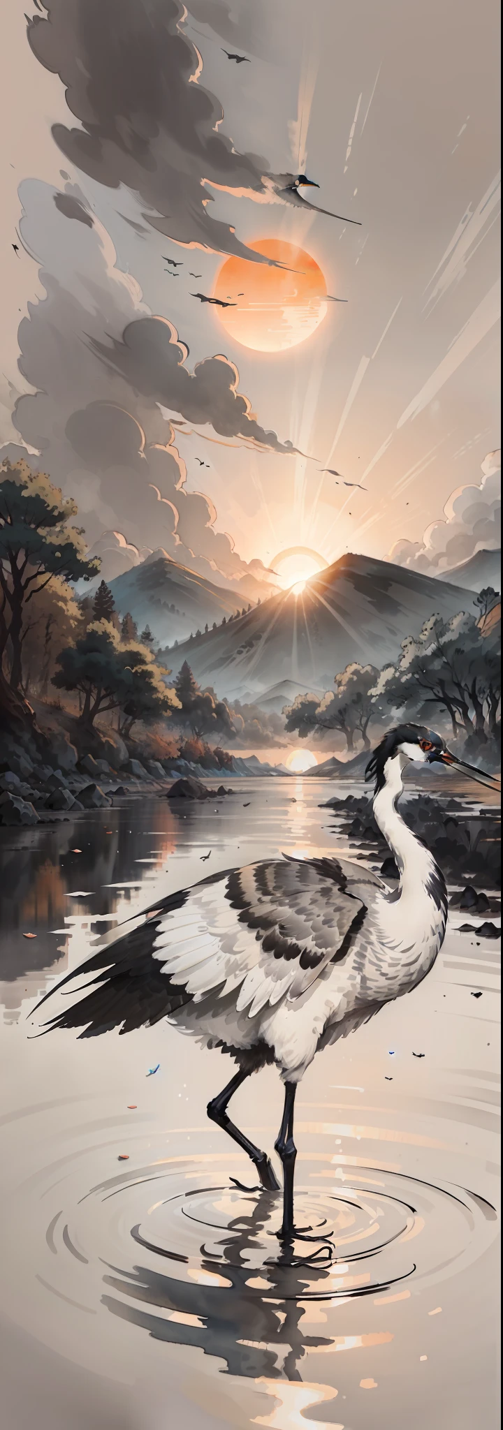 ink and watercolor painting,ink,water ink,(black, White and gray:1.5),The sunset and the solitary crane fly together,The autumn water is the same for a long time,The beauty of ancient poetry,the setting sun,Wild geese in the sky in the distance,Ancient buildings are scattered,Works of masters,super-fine,high qulity,8K分辨率