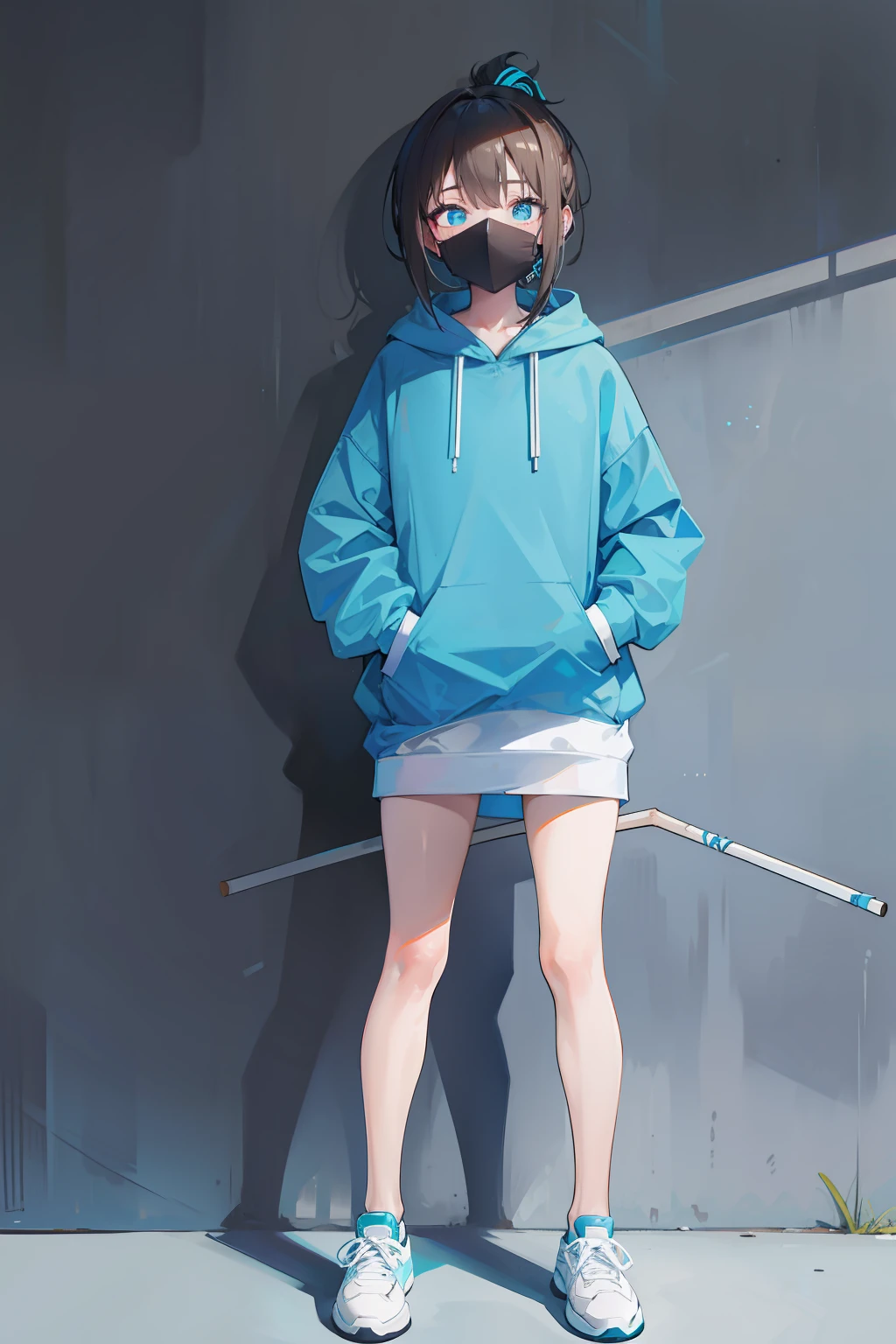 Cyan sweatshirt，hooding，with short brown hair，Bare legged，X-shaped hairpin，Light blue pupils，leg loops，Stick one hand in your pocket，Mare，Low ponytail，full bodyesbian，White sneakers，Bring a black mask