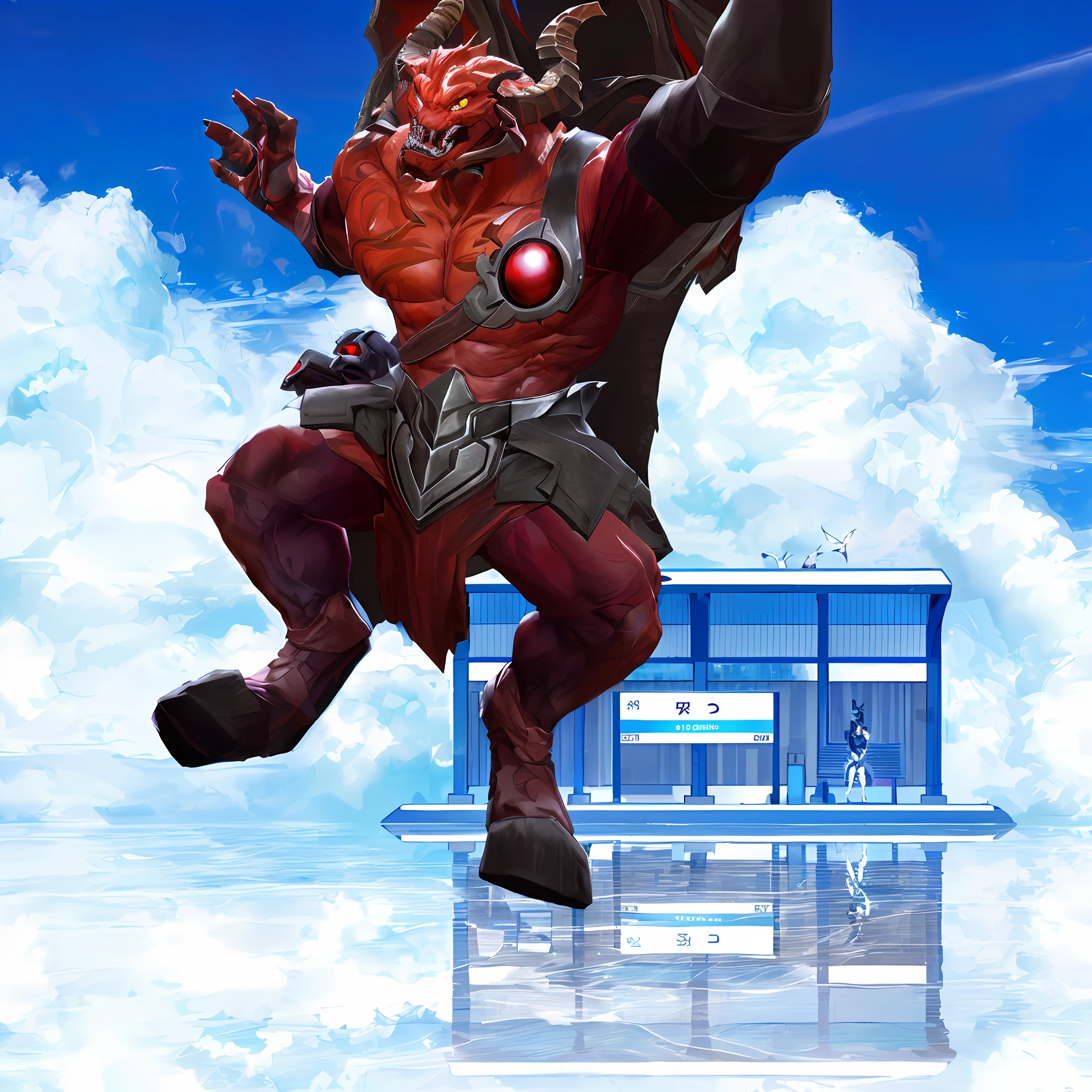 there is a man that is flying in the air with a giant demon, balrog, muscled humanoid balrog demon, villain wearing a red oni mask, as a character in tekken, demon boxing hero, z'gok. 8 k hd resolution, from ncsoft, jumping leaping heroic attack, fighting game character, capcom, tekken, tekken 7, ((hyper realistic))