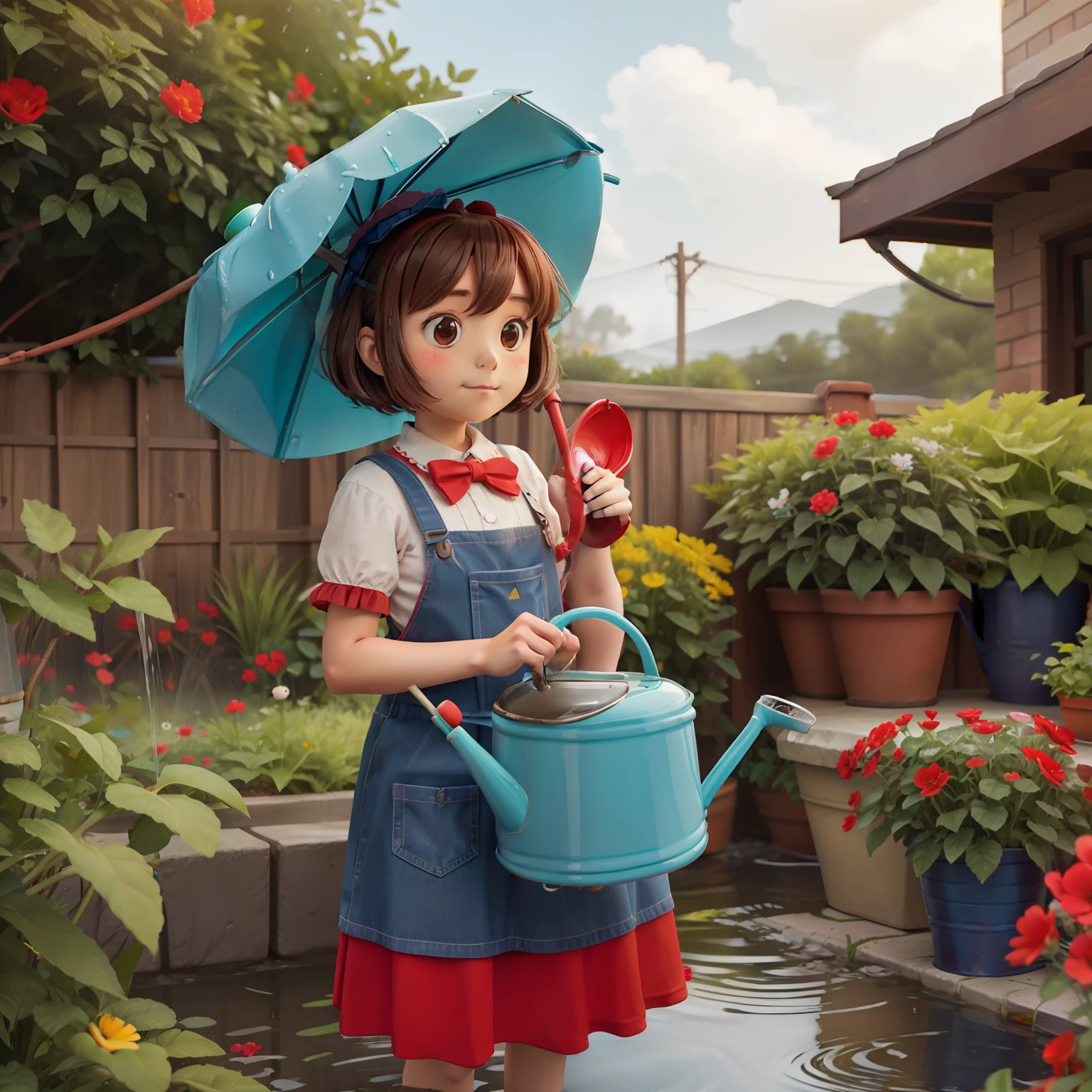 insanely cute penguin wears a turquoise raincot While Watering red flowers with a brown watering can, centered,
| complex still life portrait movie scene still, sharp focus,
| style of Alex Cox, atmospheric particles,