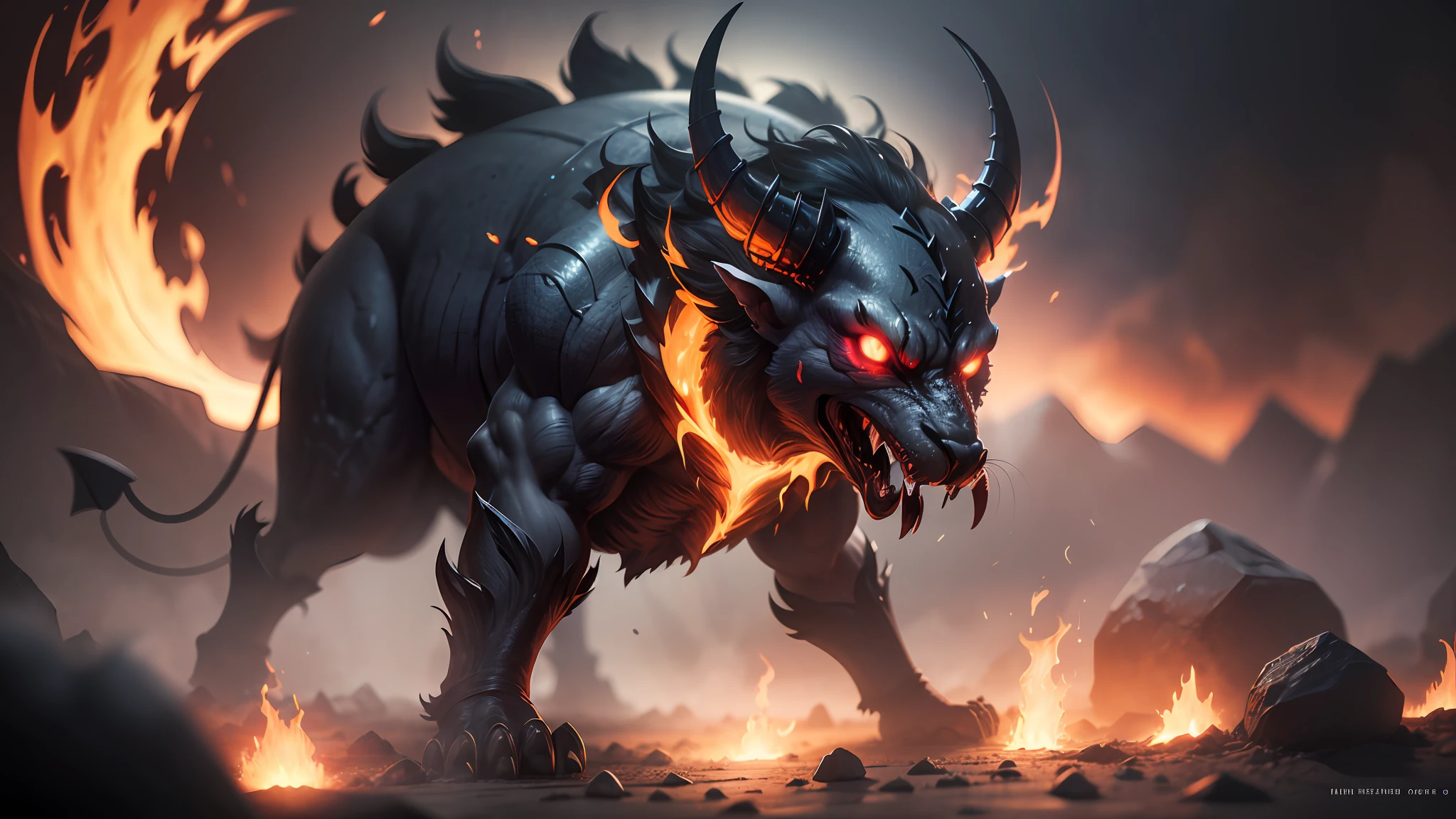 ((Best quality)), ((masterpiece)), (highly detailed:1.3) Demon standing in the fog with glowing eyes, rocky background with lava and fire, depth of field, Octane Render,Two-tone lighting,Low ISO,White balance,Rule of thirds,Wide aperature,8K RAW,Efficient Sub-Pixel,sub-pixel convolution,luminescent particles,light scattering,Tyndall effect --auto --s2