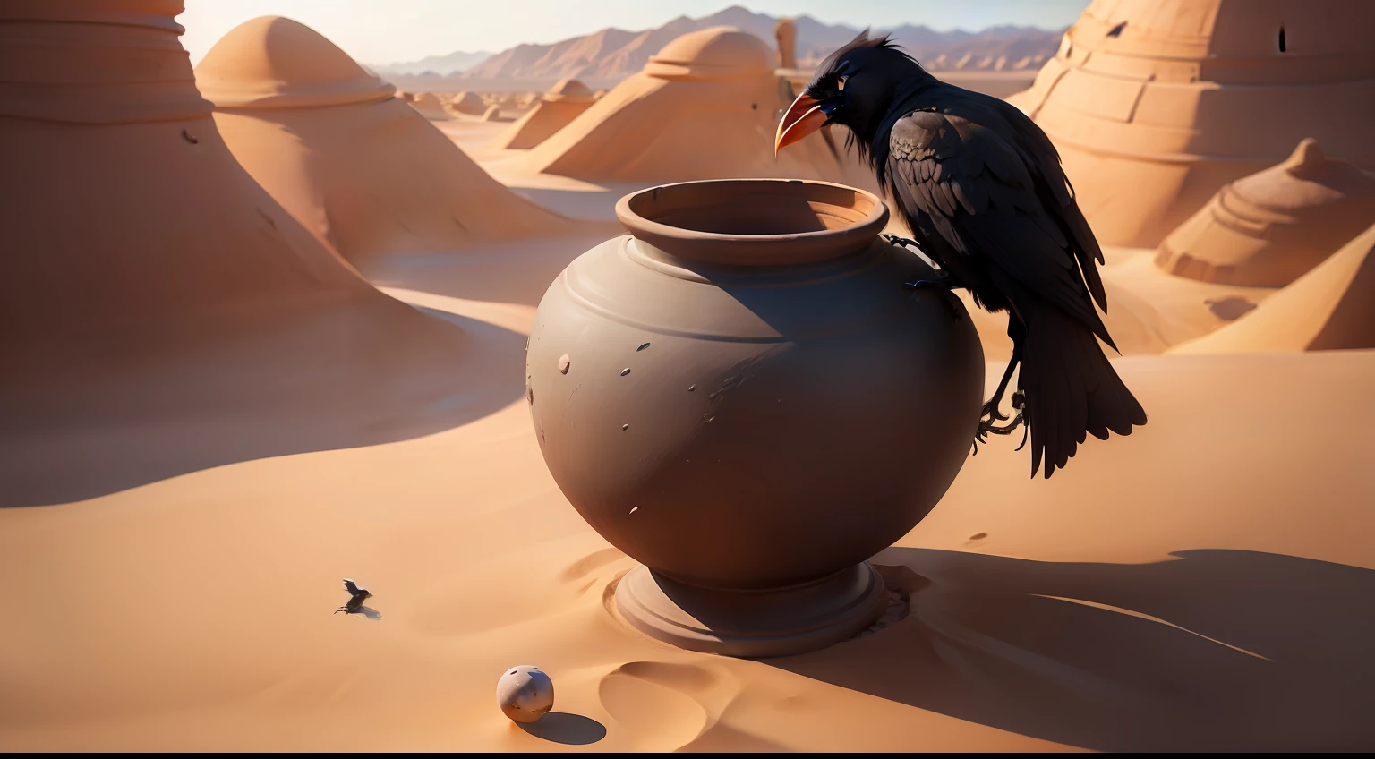 The crow throws pebbles on a large clay jar, In the desert