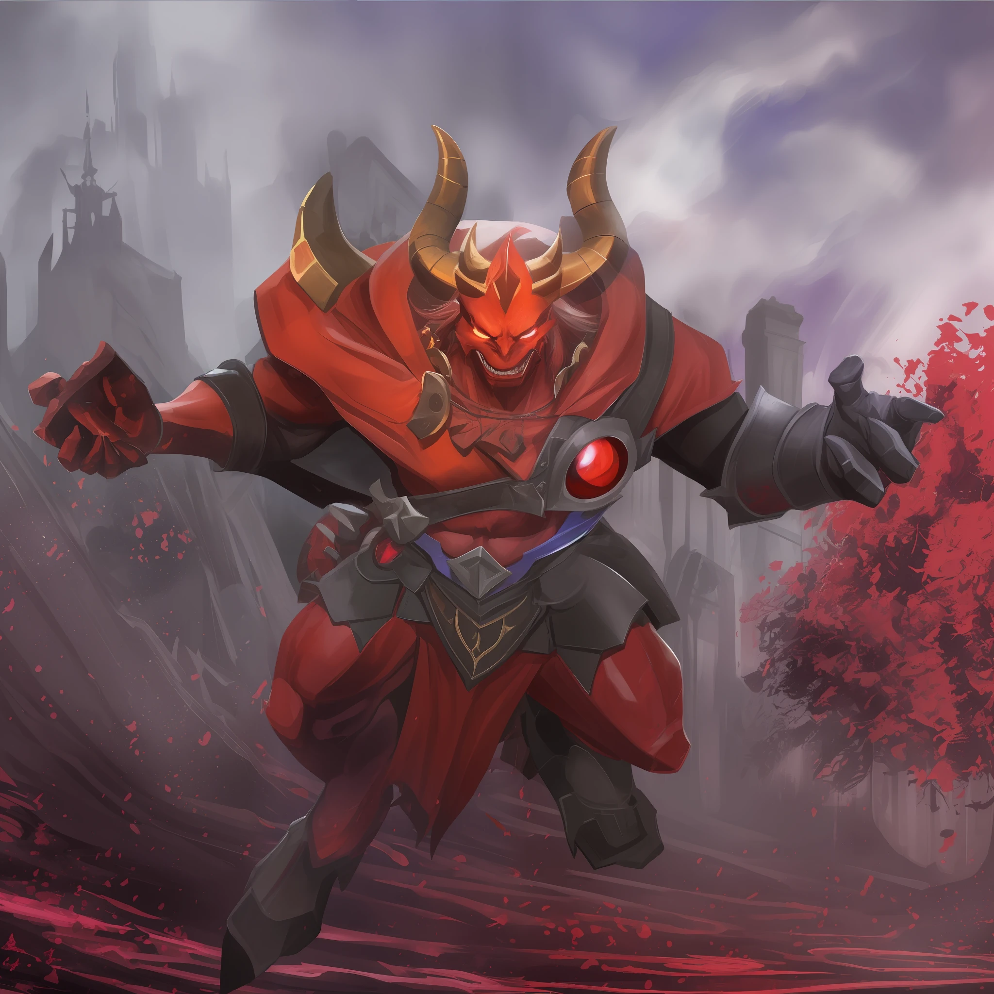 demonic looking red demon with horns and a red cape in a fantasy setting, villain wearing a red oni mask, z'gok. 8 k hd resolution, red demon armor, ruler of inferno, dota 2 concept art, hero from dota 2, minotaur from path of exile, dota 2 hero, 8k hd wallpaperjpeg artifact, roshan, ((hyper realistic))