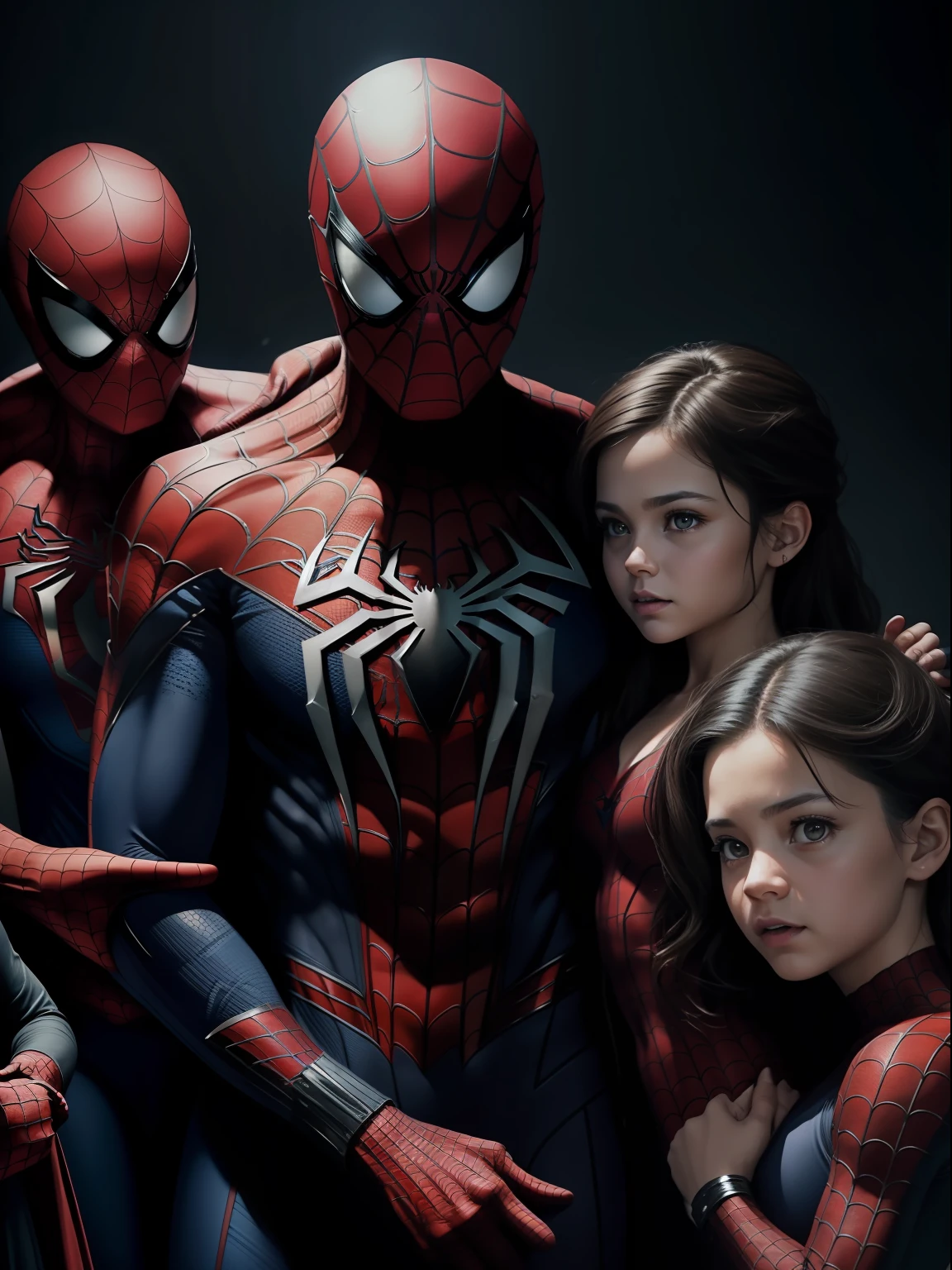 A dramatic picture of Spiderman, his wife and their 2 childrens, photo studio style, center, rendered in a cinematic style with extreme realism and detail, full body shot