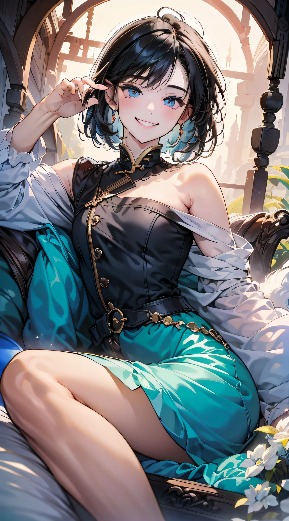 (in 8K、top-quality、​masterpiece:1.2)、1人の女性、(Smiling smile:1.1)、beautidful eyes、Valley、The upper part of the body、length hair、Like a boy、poneyTail、Blue View、