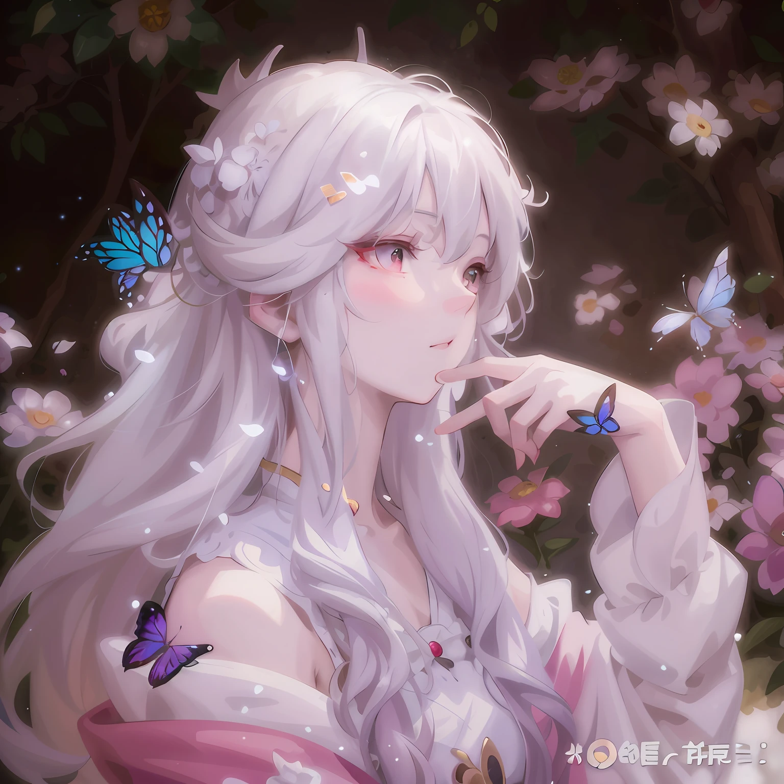 animemanga girl,Has white hair,Butterfly wings in hand, Guviz, Guviz-style artwork, Guweiz in Pixiv ArtStation, white-haired god, Guweiz on ArtStation Pixiv, a beautiful anime portrait, 8K high quality detailed art, trending on cgstation, author:Shitao, Anime fantasy illustration