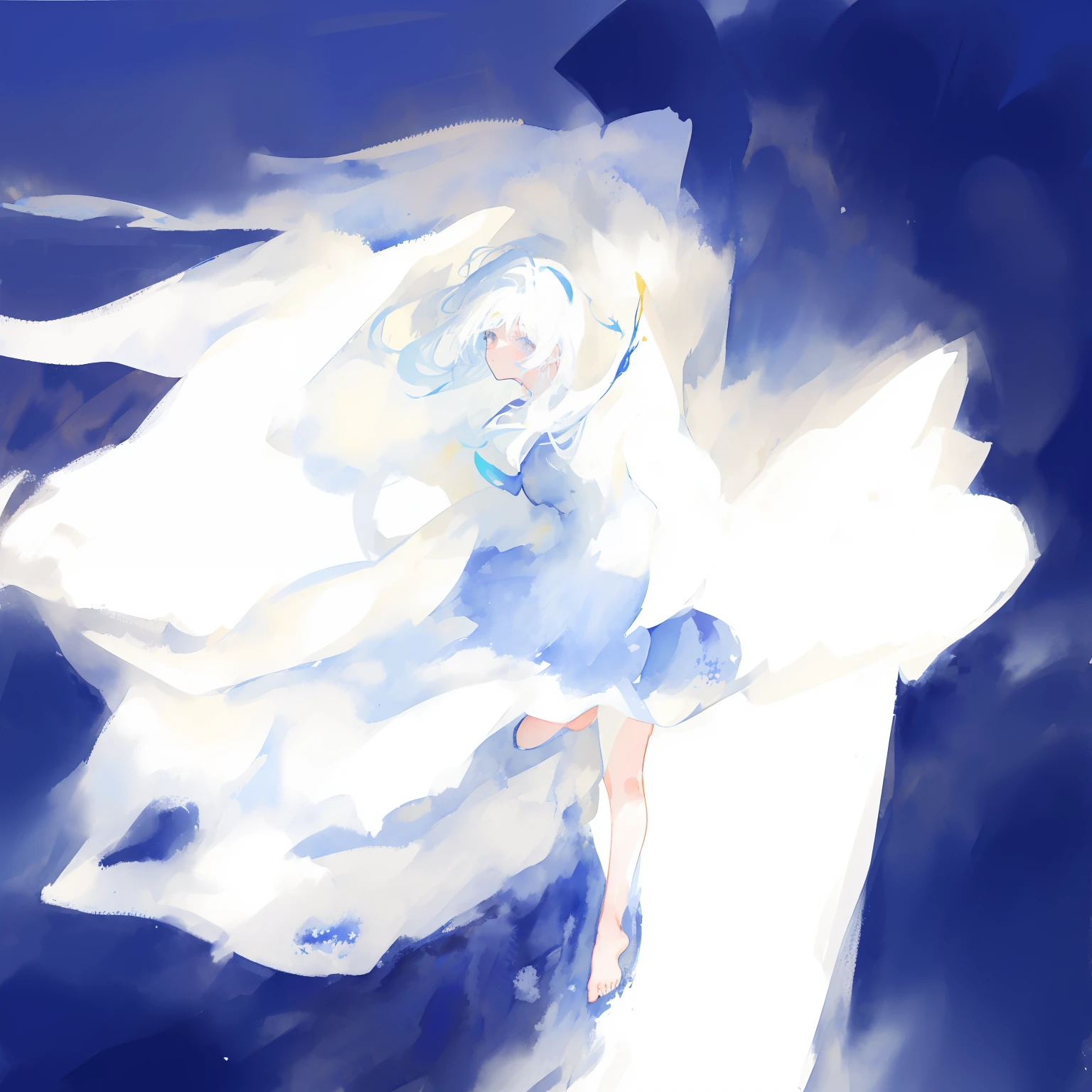 White swan in blue watercolor, white hair floating in air, wind blown,hair flowing, with few ultramarine highlights, hair blowing the wind, her hair billowing in the wind, watercolour on paper, wind blown, Windswept, deep blue water color, inspired by Kameda Bōsai, Hair is floating in the wind, Inspired by Lois Dodd