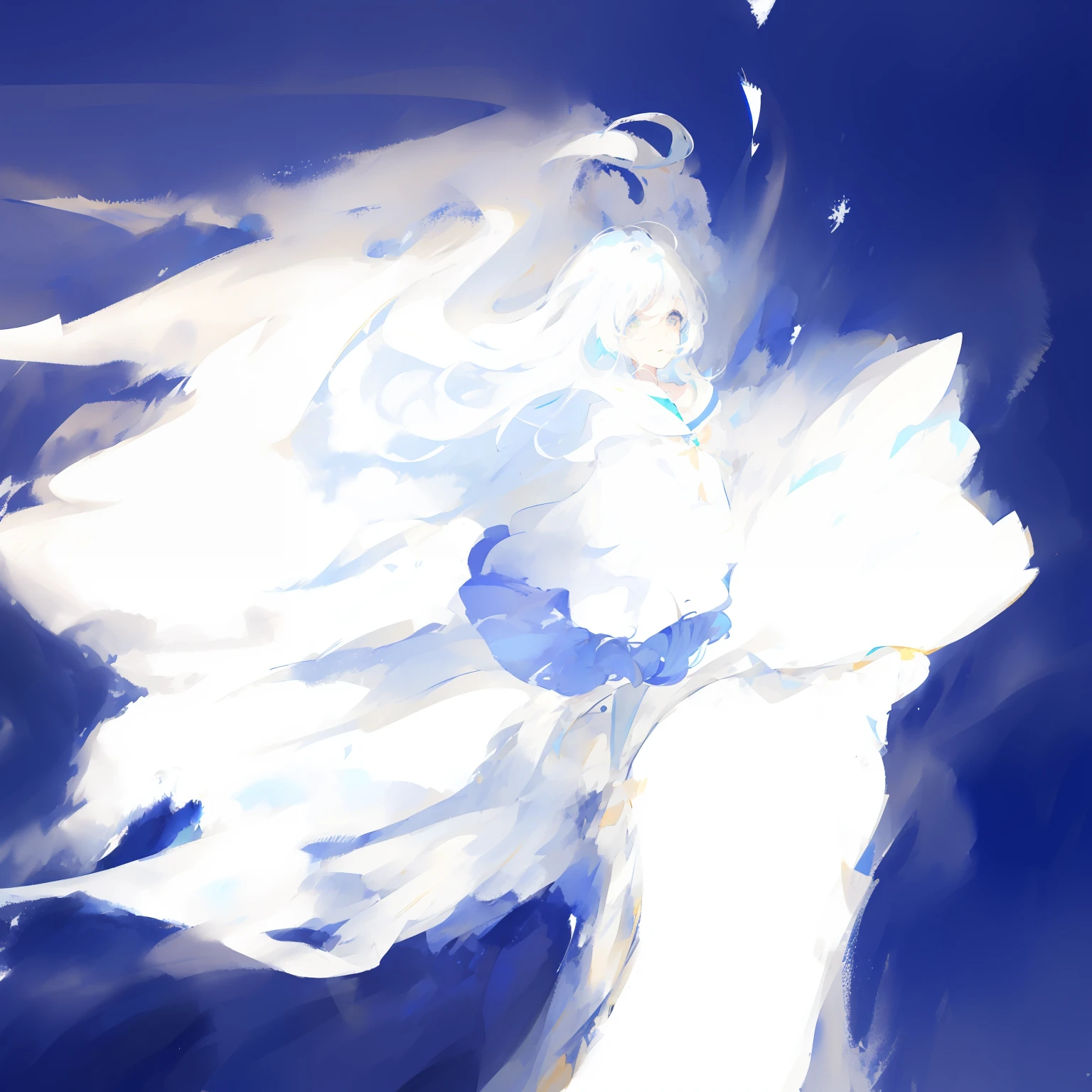 White swan in blue watercolor, white hair floating in air, wind blown,hair flowing, with few ultramarine highlights, hair blowing the wind, her hair billowing in the wind, watercolour on paper, wind blown, Windswept, deep blue water color, inspired by Kameda Bōsai, Hair is floating in the wind, Inspired by Lois Dodd