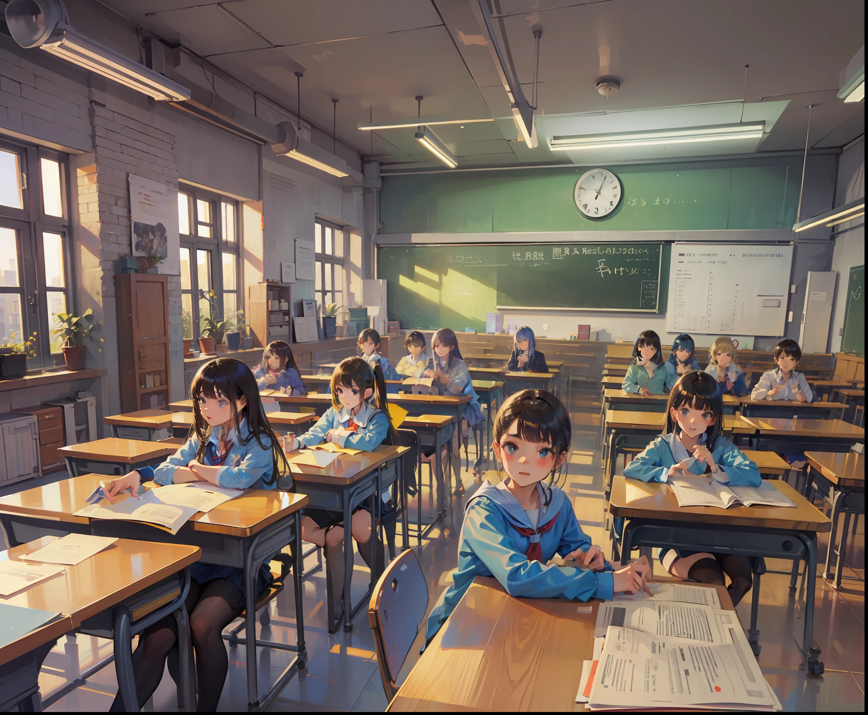 ((Best quality)), ((8K)), ((highly detailed)), classroom, full of students, make teacher