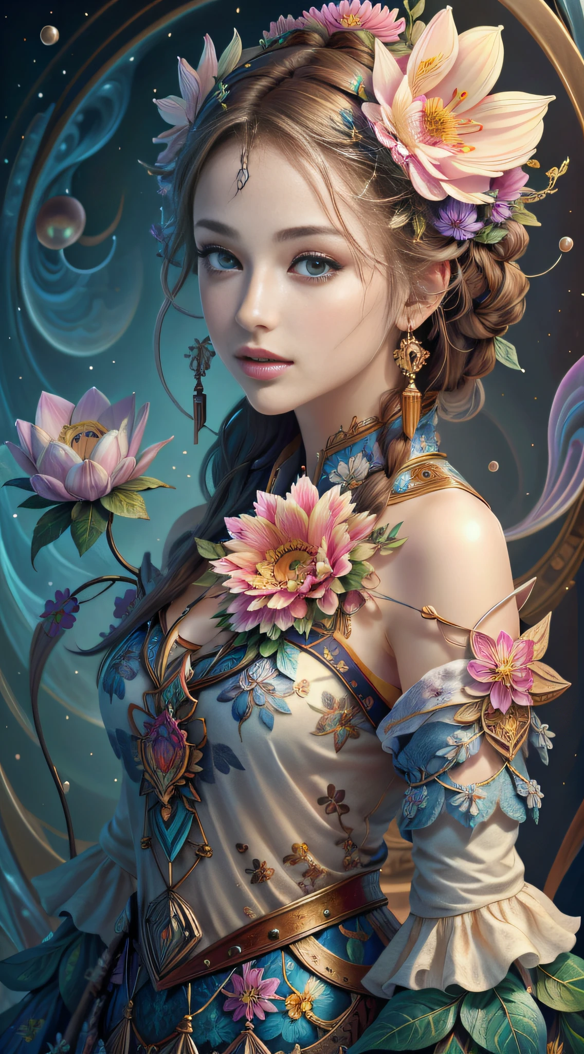 (Masterpiece, Top Quality, Best Quality, Official Art, Beautiful and Aesthetic: 1.2), (1 Flower), Upper Body, Extremely Detailed, (Fractal Art: 1.3), Colorful, Most Detailed