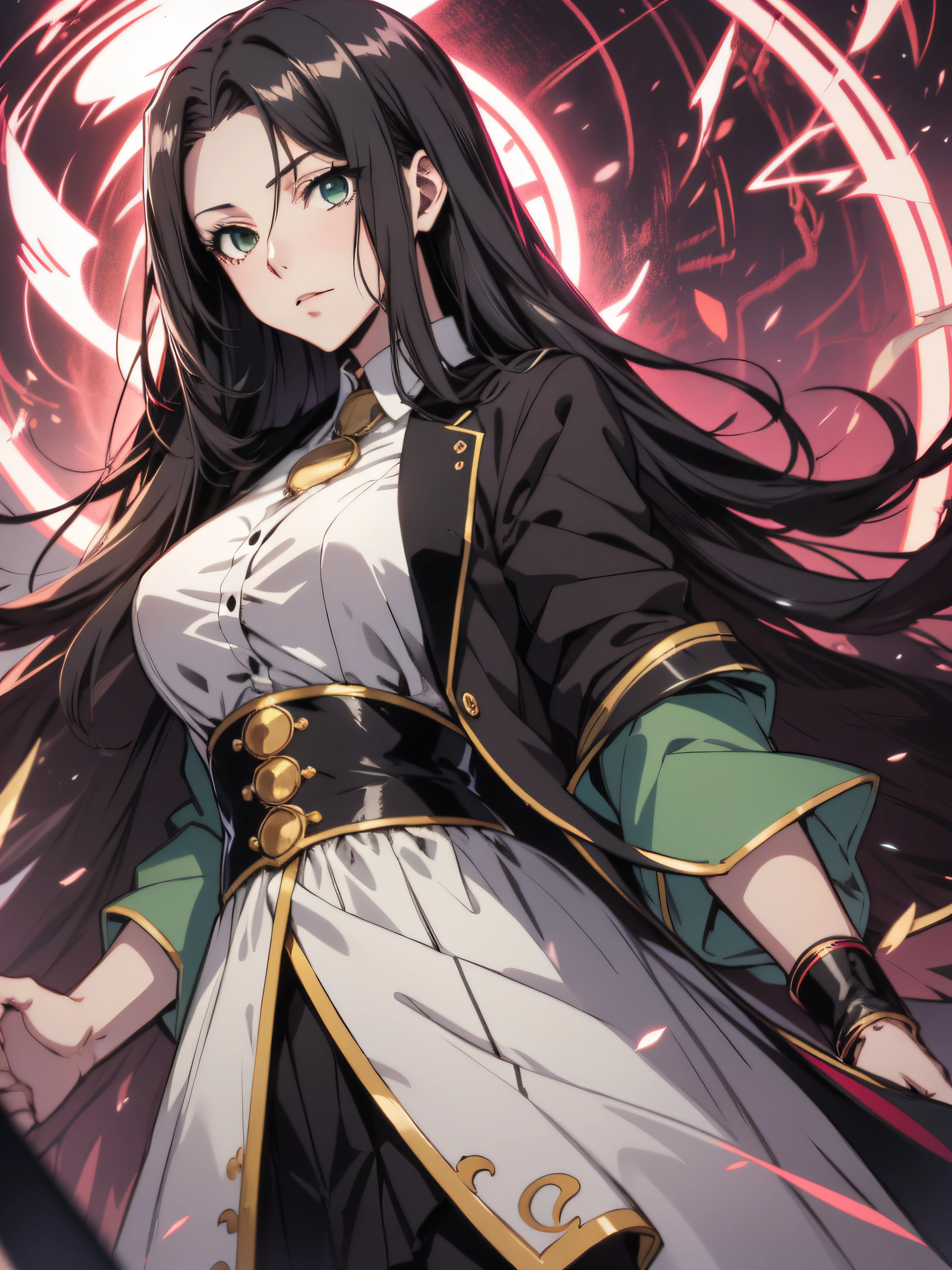 18 years old Anime girl, long raven hair, slightly wavy hair, parted bangs, Magus, green eyes, long black coat, white shirt, black skirt, aristocrat, noble attire, beautiful, ethereal