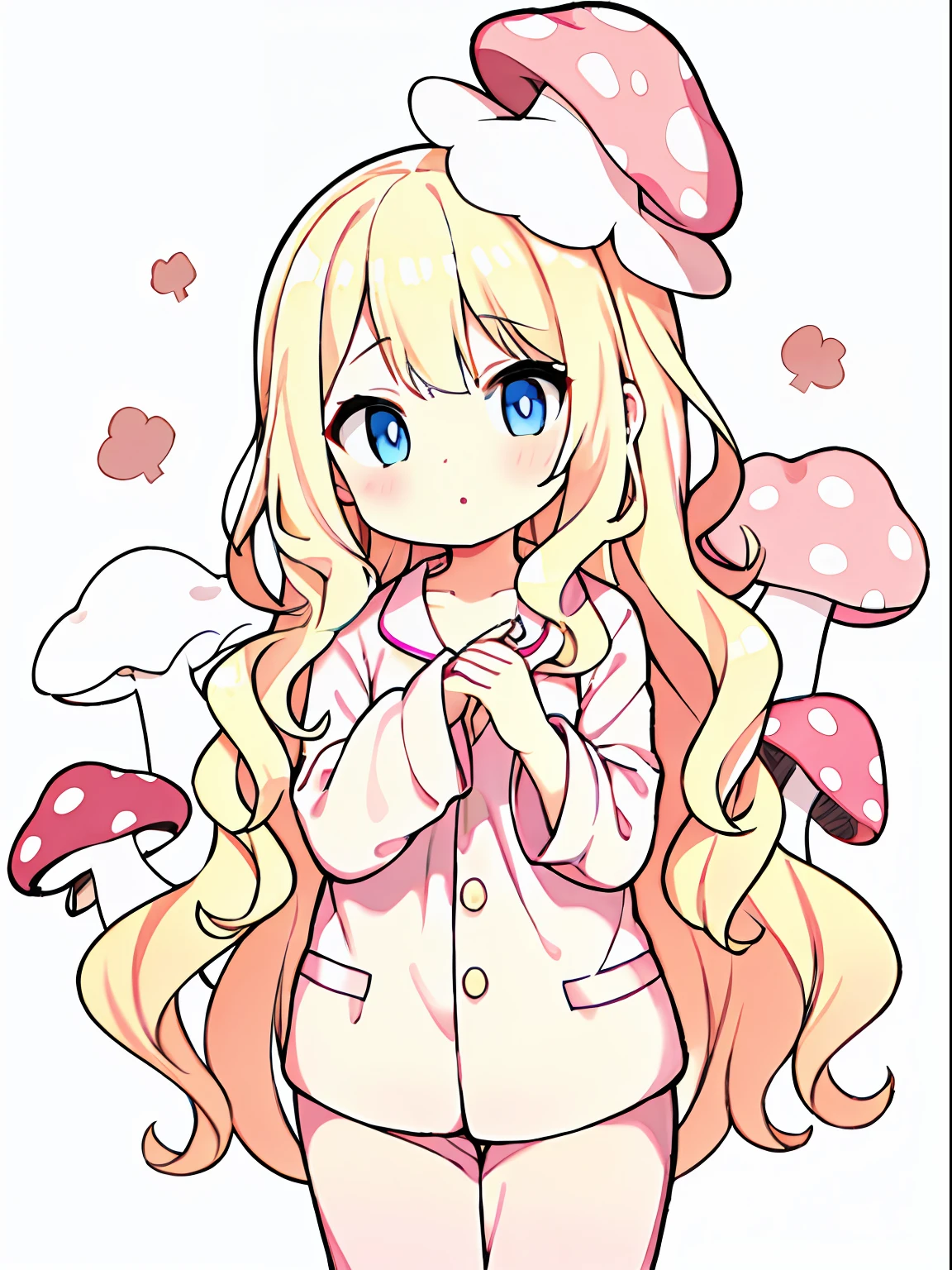 pink pajama, white mushroom on head, 1girl, wavy blonde hair, blue eyes,