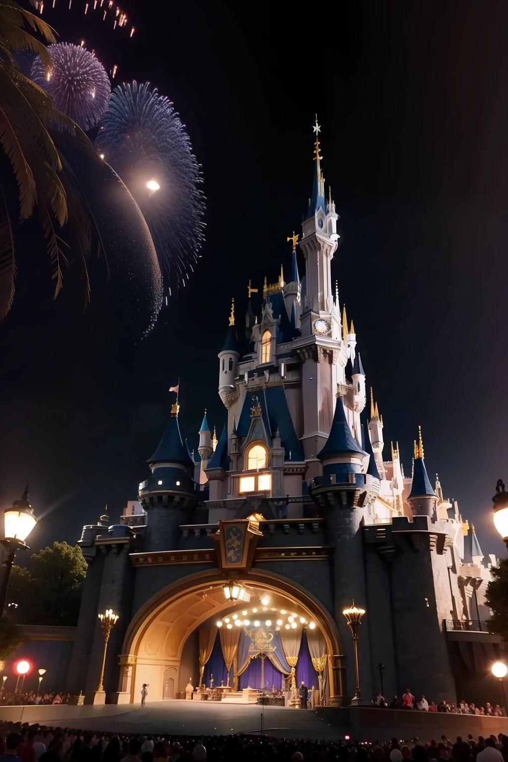 Disneyland Outdoor Stage at Night、It's beautifully lit、There is no spectator。
