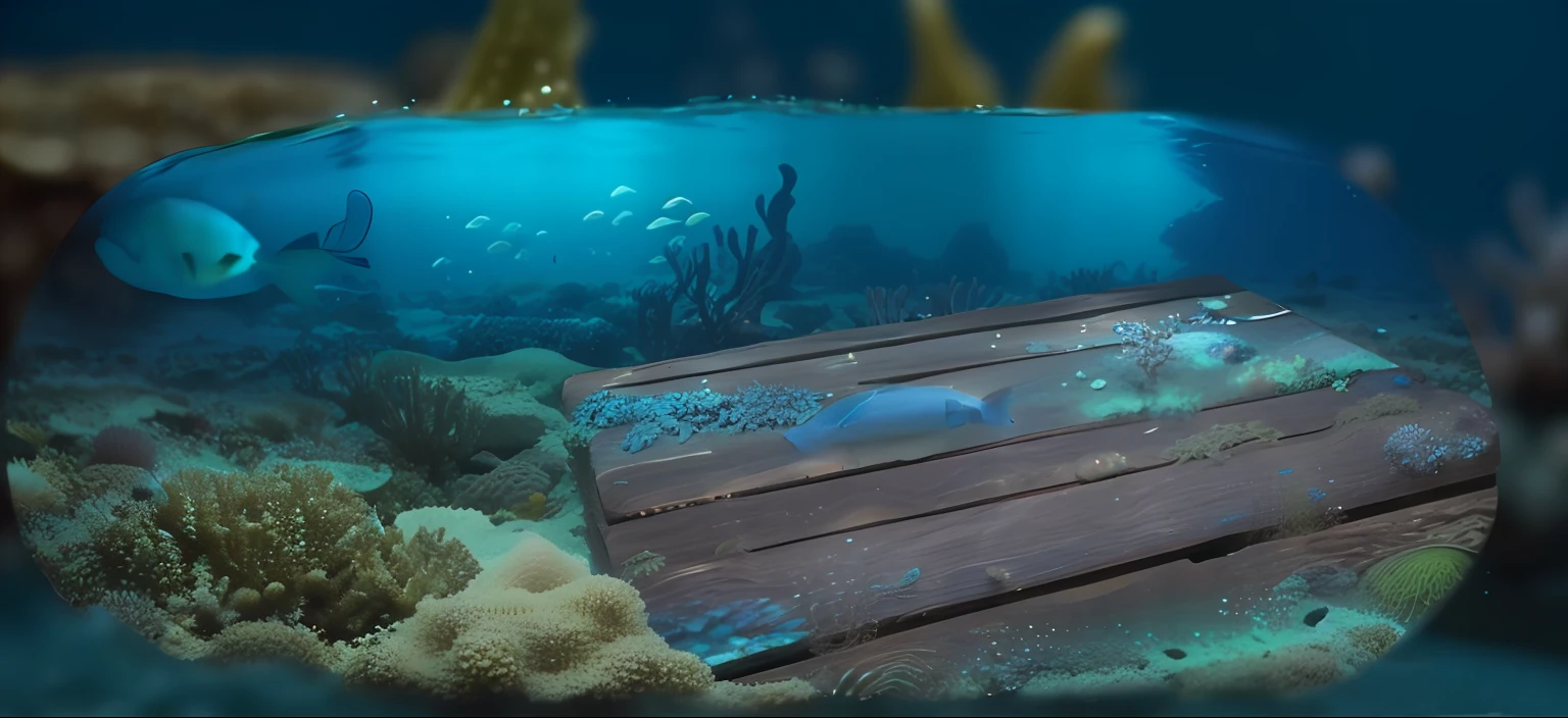 Underwater world,A board of wood attached to this luminous creature on the seabed,Planks with fluorescent moss are buried in the sand,high high quality,detail-rich,The real underwater world,