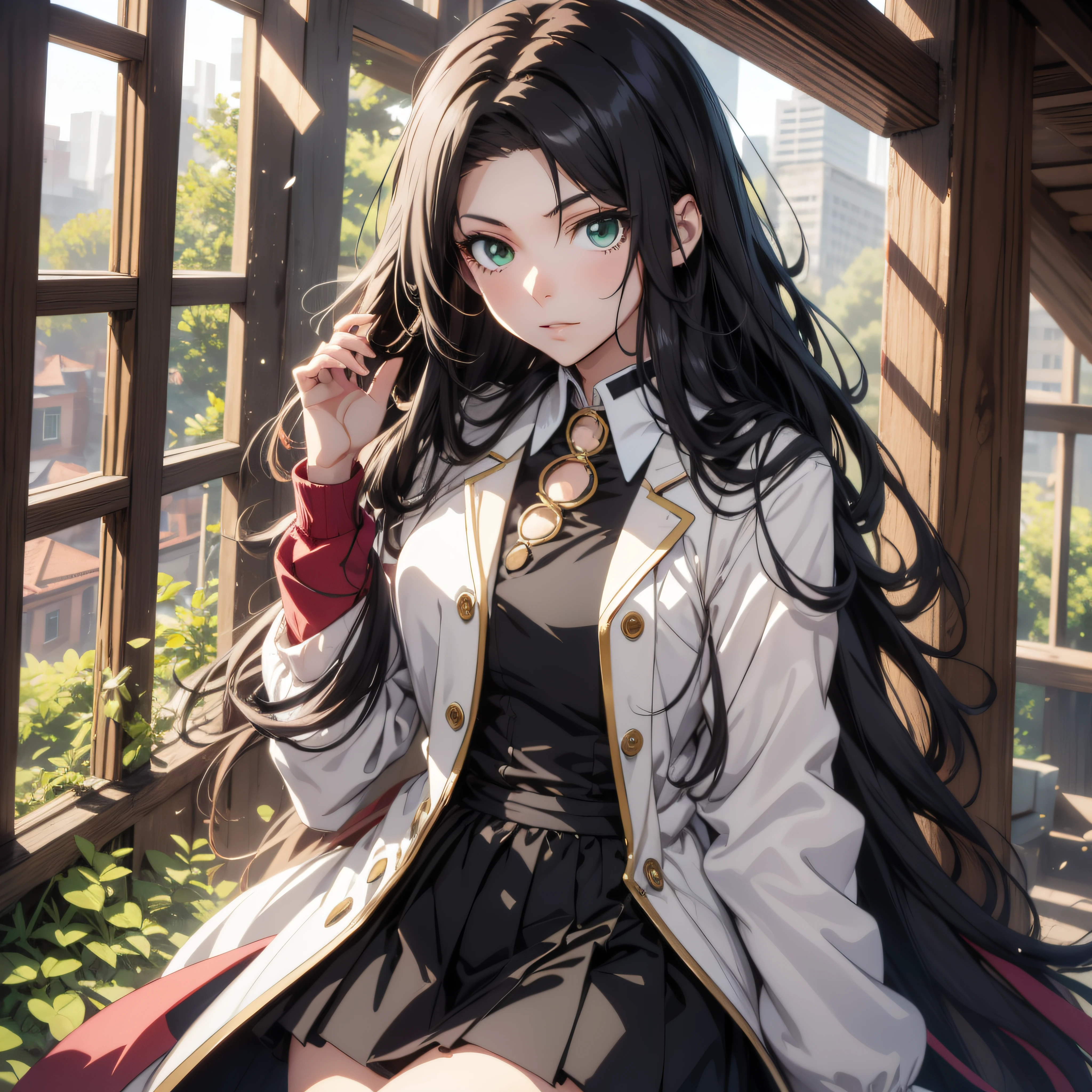 18 years old Anime girl, long raven hair, slightly wavy hair, parted bangs, Magus, green eyes, long black coat, white shirt, black skirt, aristocrat, noble attire, beautiful, ethereal