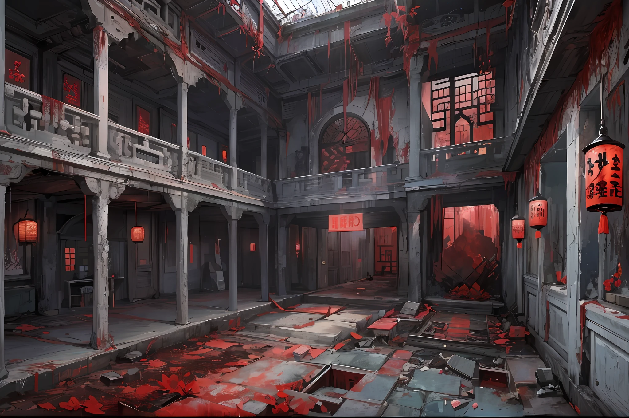 （（Section view of the interior of the four-story building）），（unmanned），（Multiple dilapidated rooms are neatly arranged），Chinese horror style（Red wedding dress、Paper Man、Red lanterns），Ghastly，dreariness，Blood，（Mysterious black fog），（Dilapidated），Absurdity，Abyss，High detail,（Conceptual digital art，The is very detailed，reasonable design，Clear lines，k hd，The best quality，tmasterpiece，超高分辨率，4K）